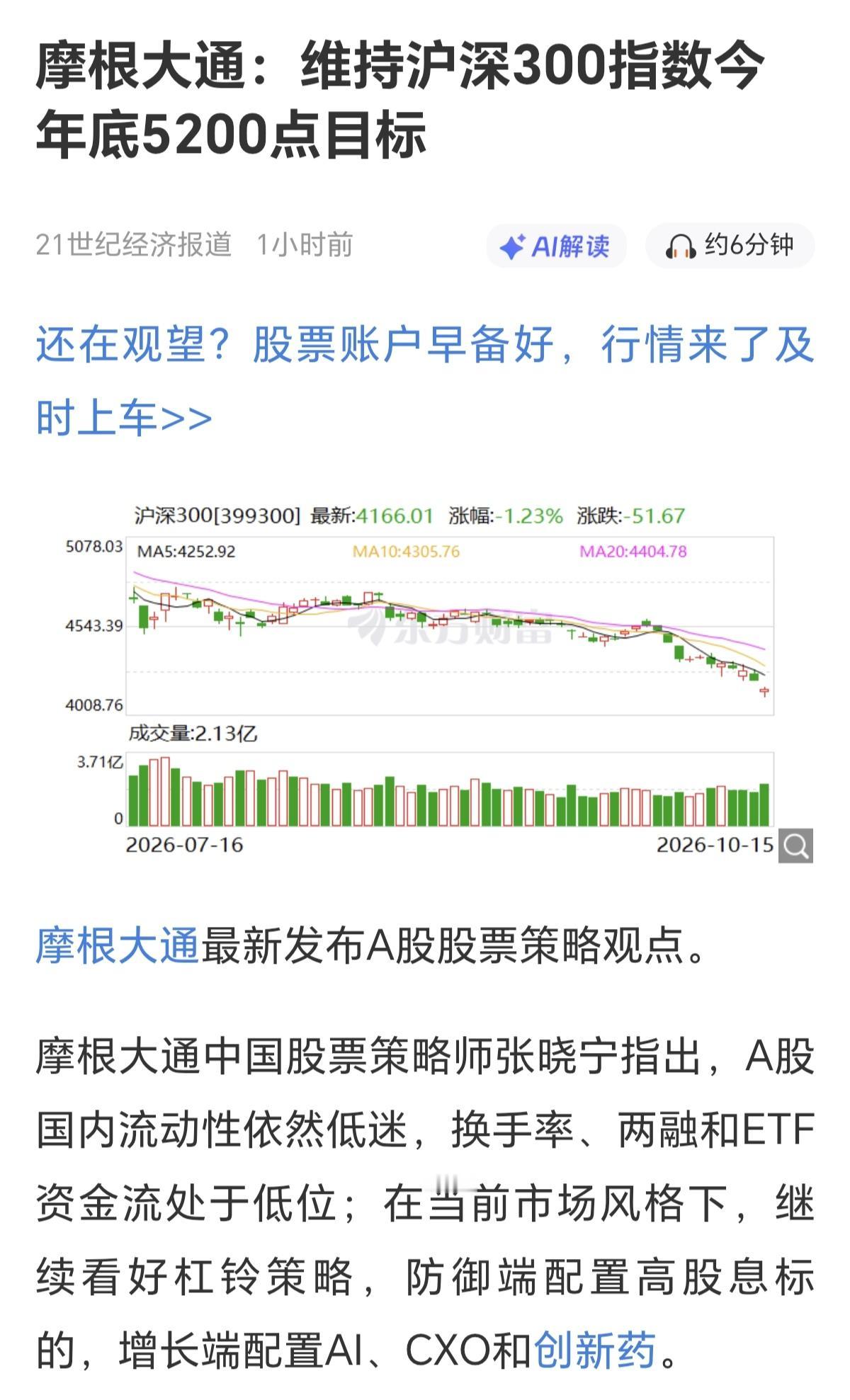 摩根大通是看到今天A股跌的有点惨，是在安慰我们吗。说今年沪深300能到5200点