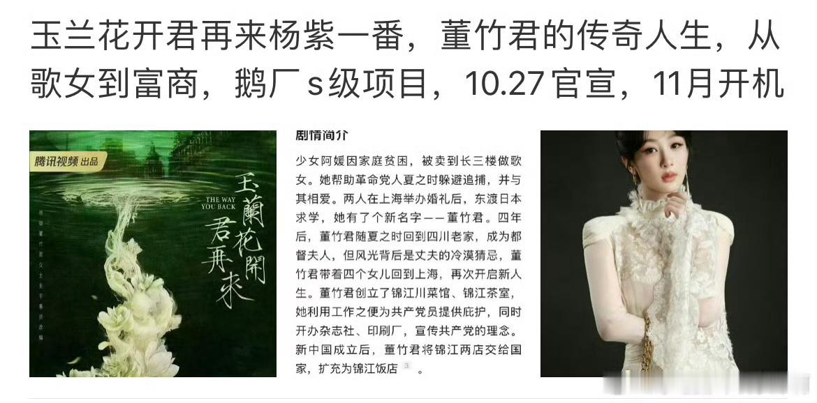 杨紫玉兰花开君再来将官宣网传杨紫新剧《玉兰花开君再来》将官宣，看简介又是励志大