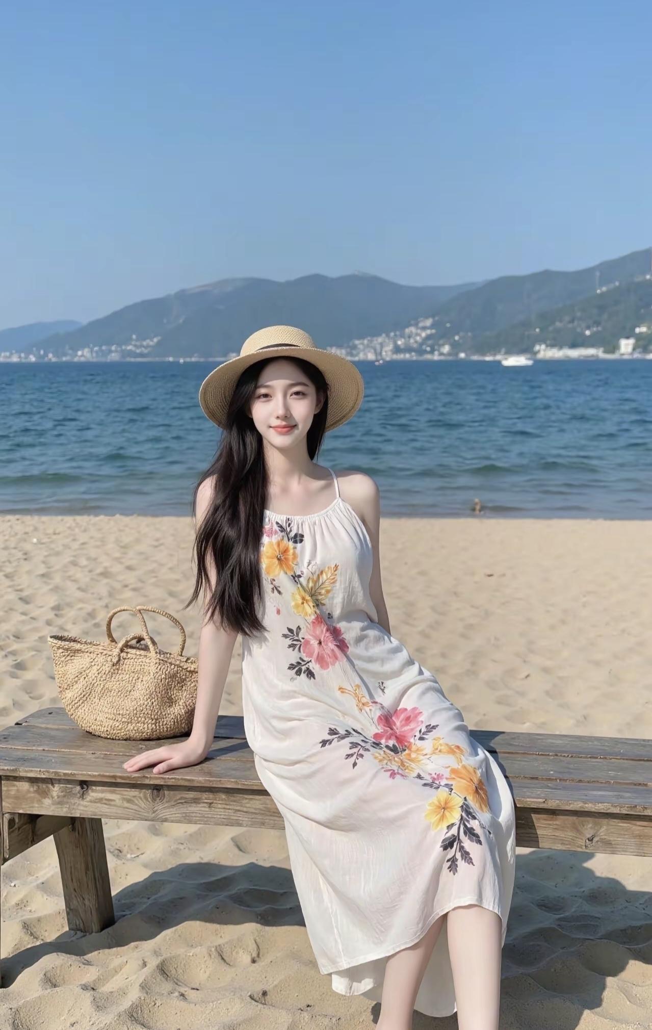 裙角沾了沙粒的暖，草帽扣住整片蓝天。海浪漫过远山的轮廓时，花影和夏风正一起落在肩