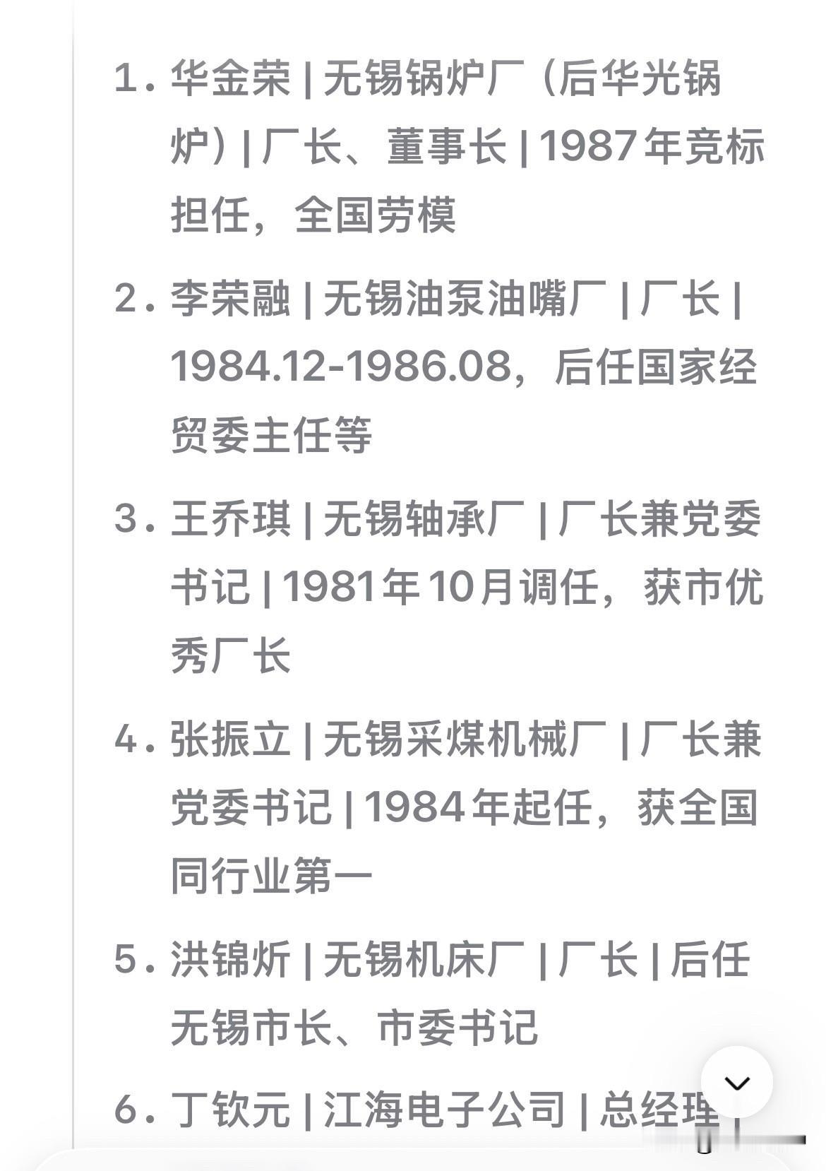 无锡八九十年代，国营单位或乡镇企业部分工厂及厂长名单，其中油泵油嘴厂长李荣融后来