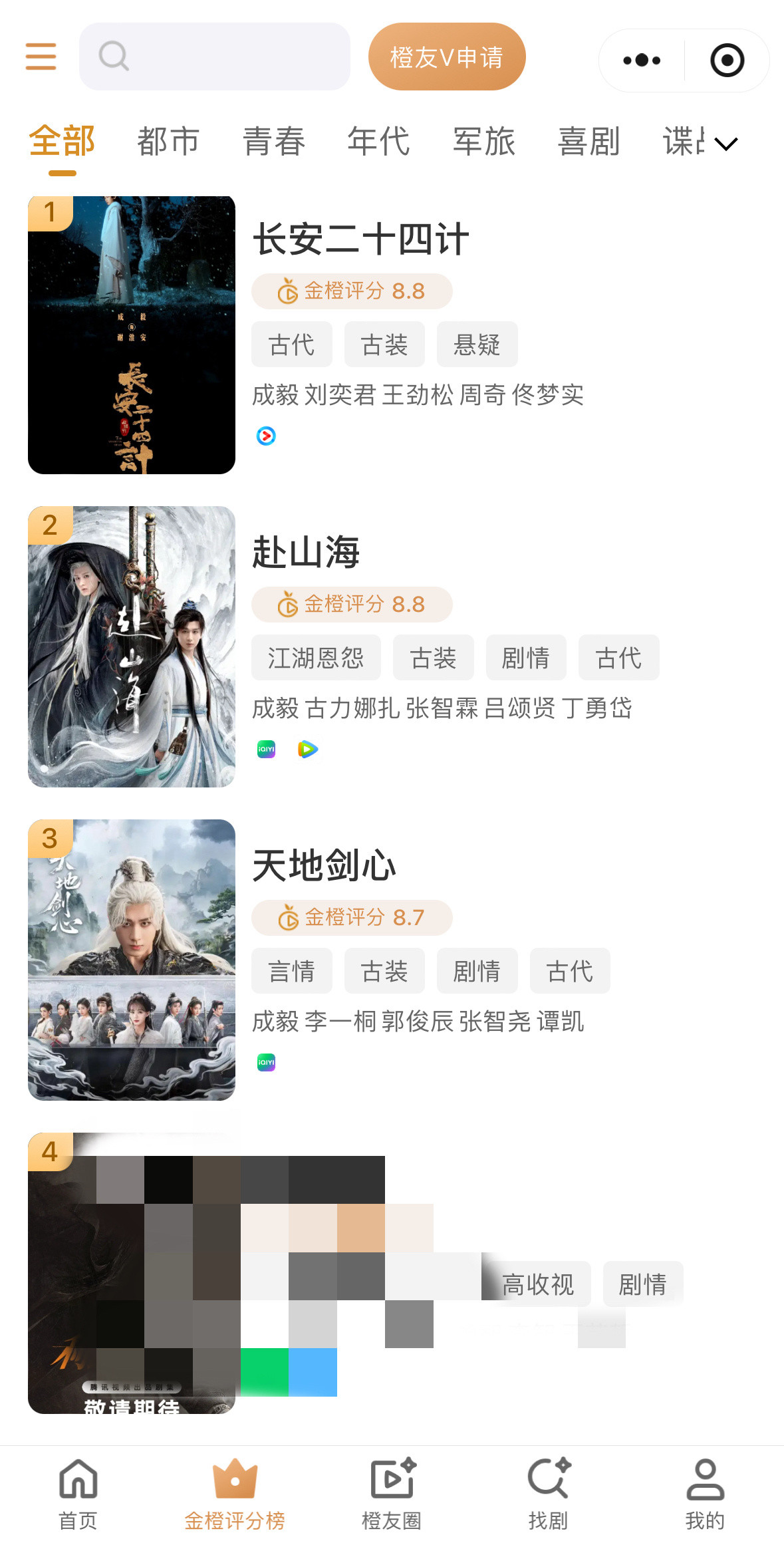 金橙评分平台上线了，评分排名前三电视剧都是成毅主演的剧集《长安二十四计》《天地剑