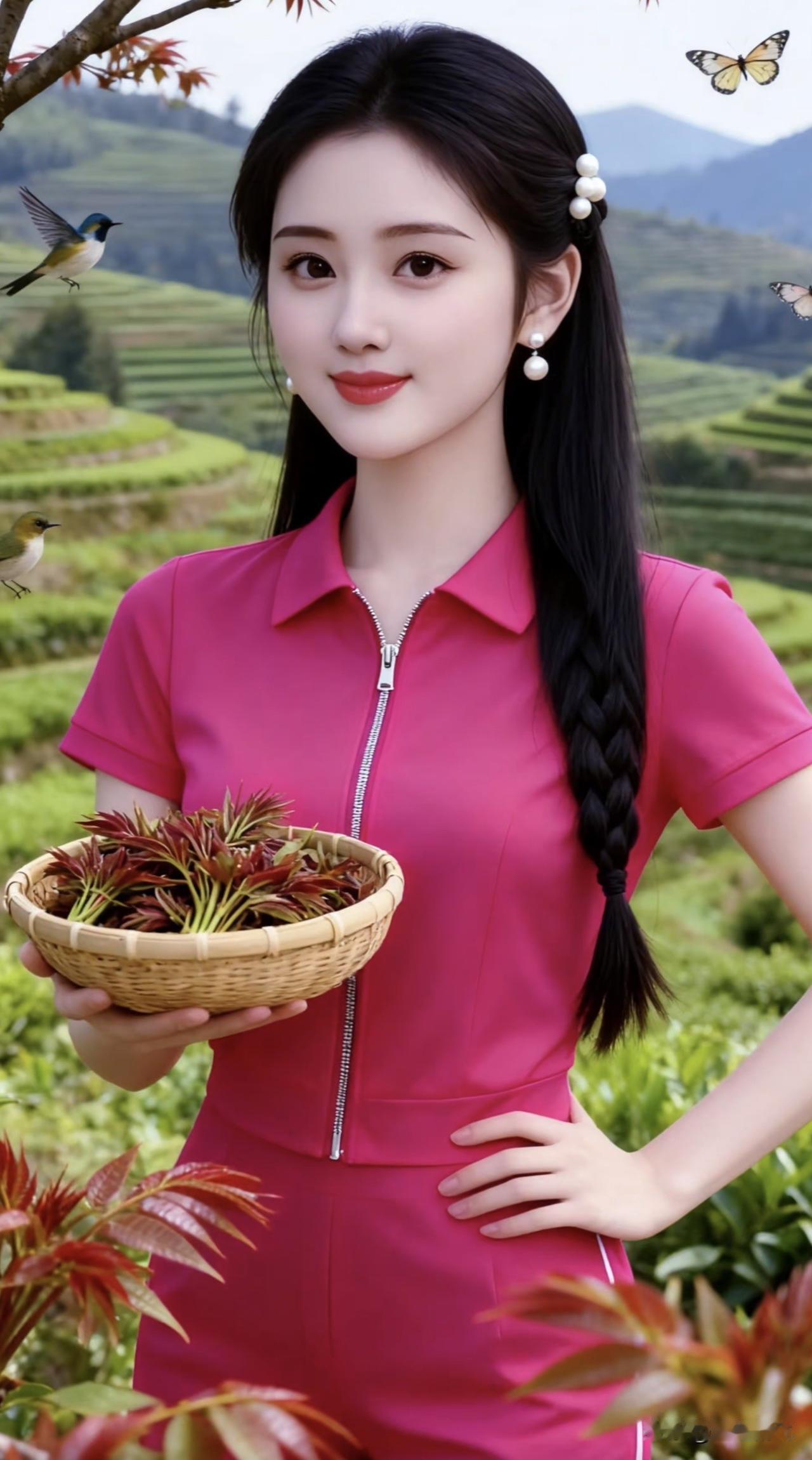 田园少女与自然相伴，手持绿植，笑靥如花自然风少女淡雅田园照田园丽人照淡雅田