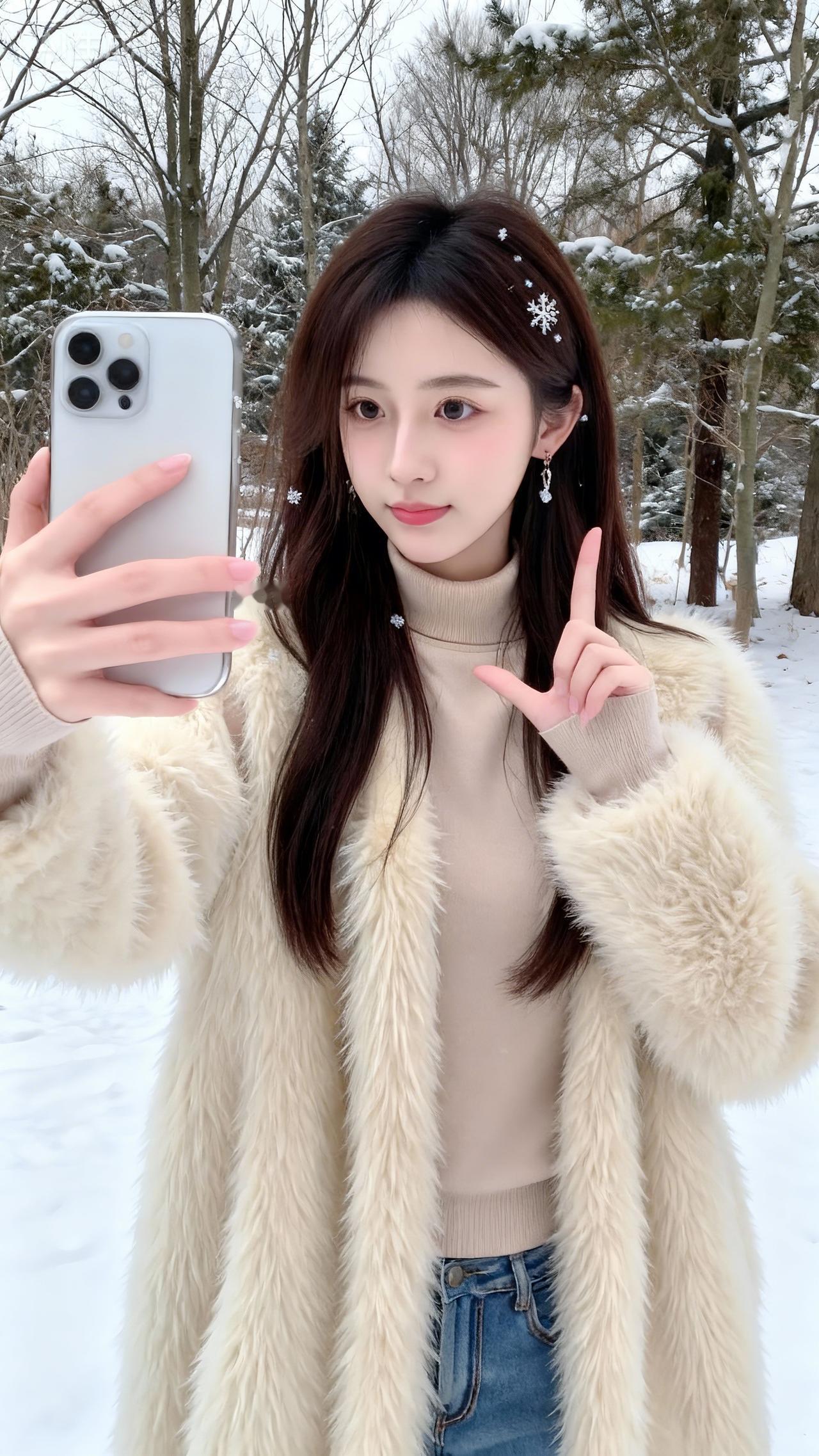雪地里的毛绒甜妹好治愈奶白长绒外套裹着浅棕高领，搭牛仔蓝衬得冬日都暖乎乎，