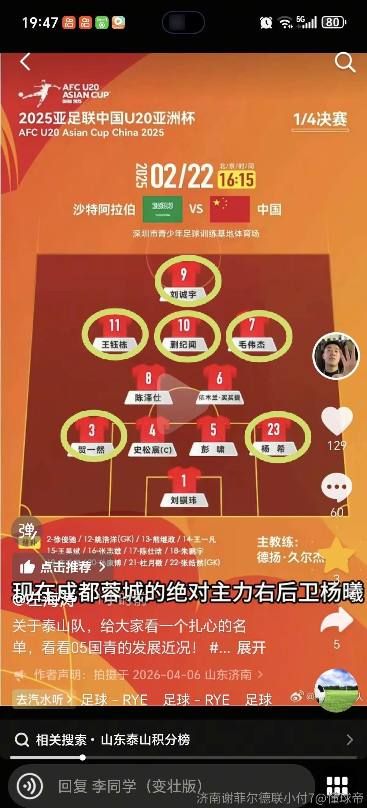 2025年U20亚洲杯主力阵容，除了山东泰山队，其余球员全部在中超踢上主力了。