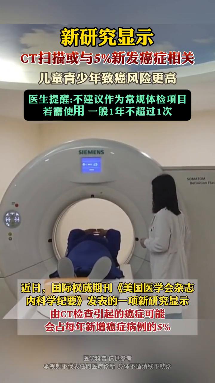 新研究显示，CT扫描或与5%新发癌症相关，儿童青少年致癌风险更高。首都医科大学