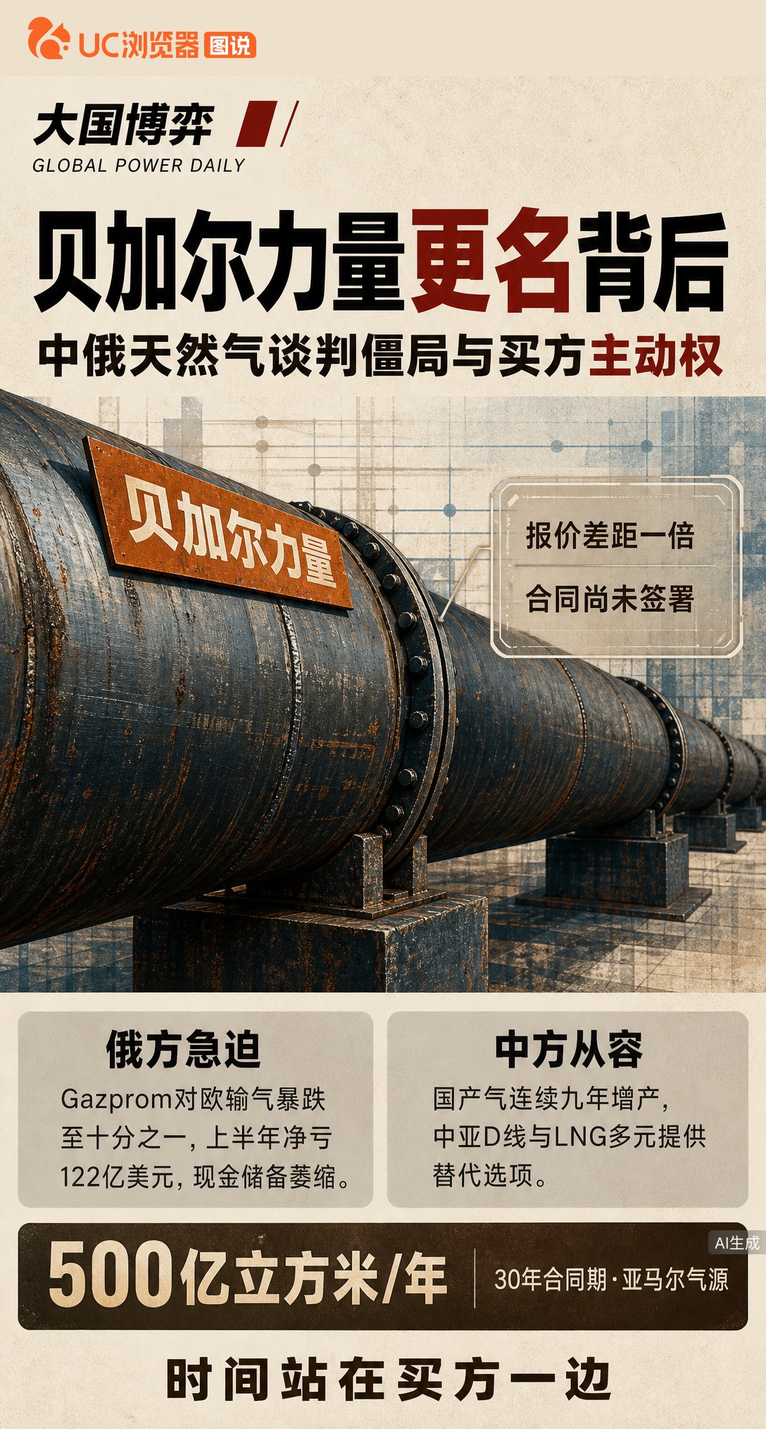 俄方把管道改名贝加尔力量想推谈判，但合同还没签。双方报价差一倍，中方手握国产气、中亚线和LNG三张牌