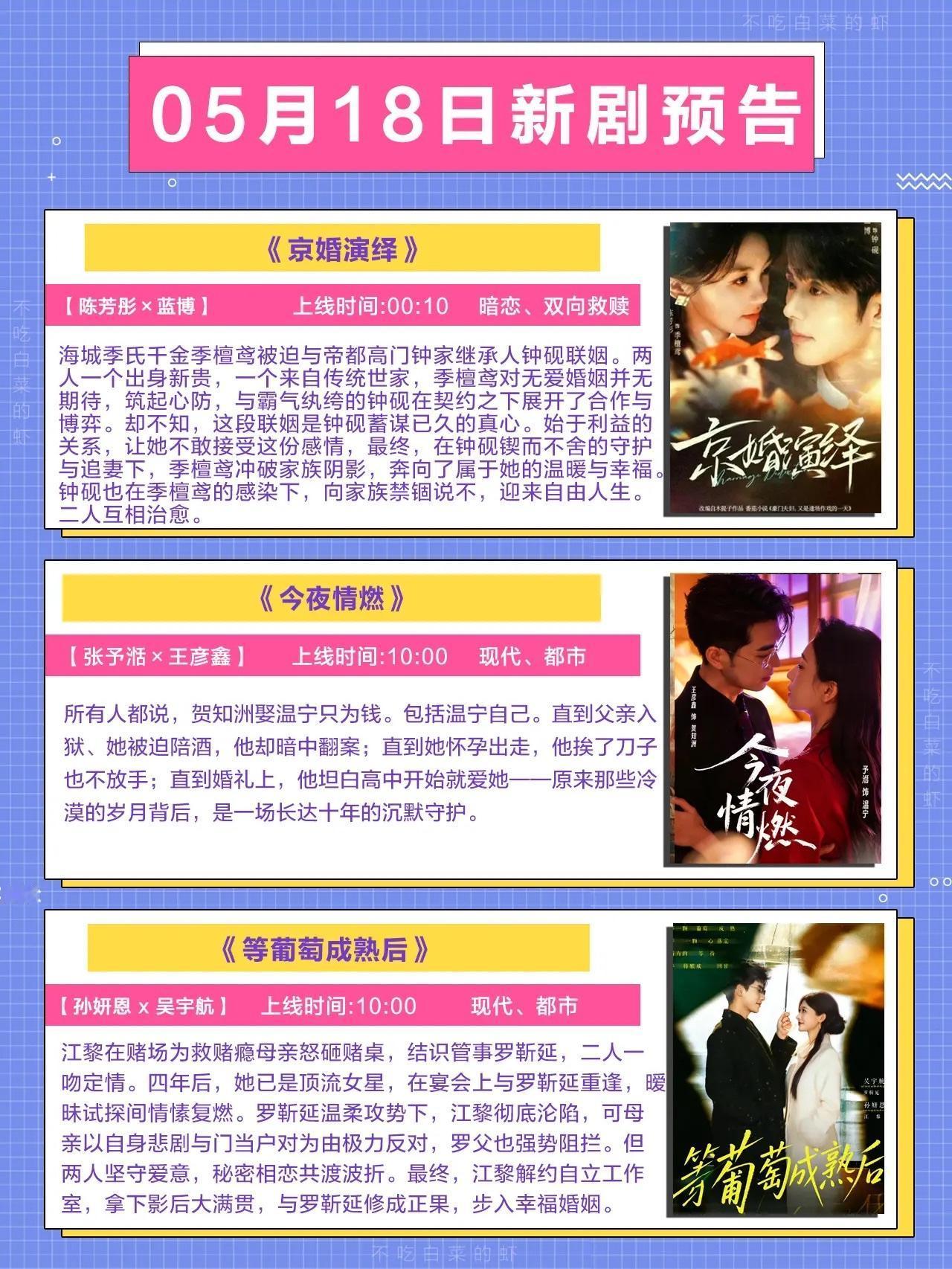 🔥📺5月18日新剧预告清单✨🔥1.《京婚演绎》🎬陈芳彤×蓝博