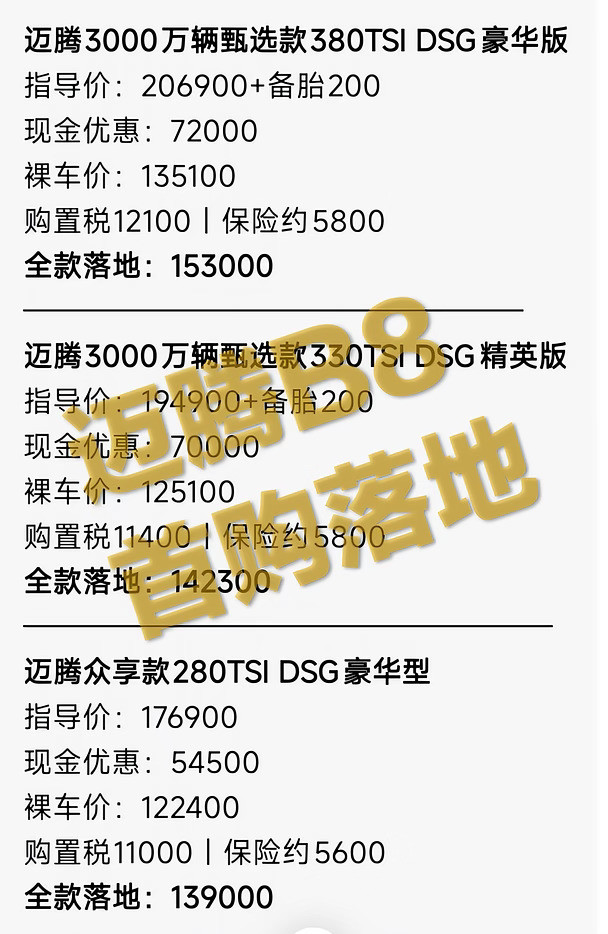9月28日大众迈腾B8落地价格分享