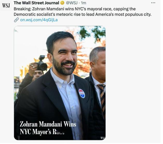 刚选举获胜的纽约市新市长、34岁，生于乌干达，7岁移民美国，民主党新星，倡导社会