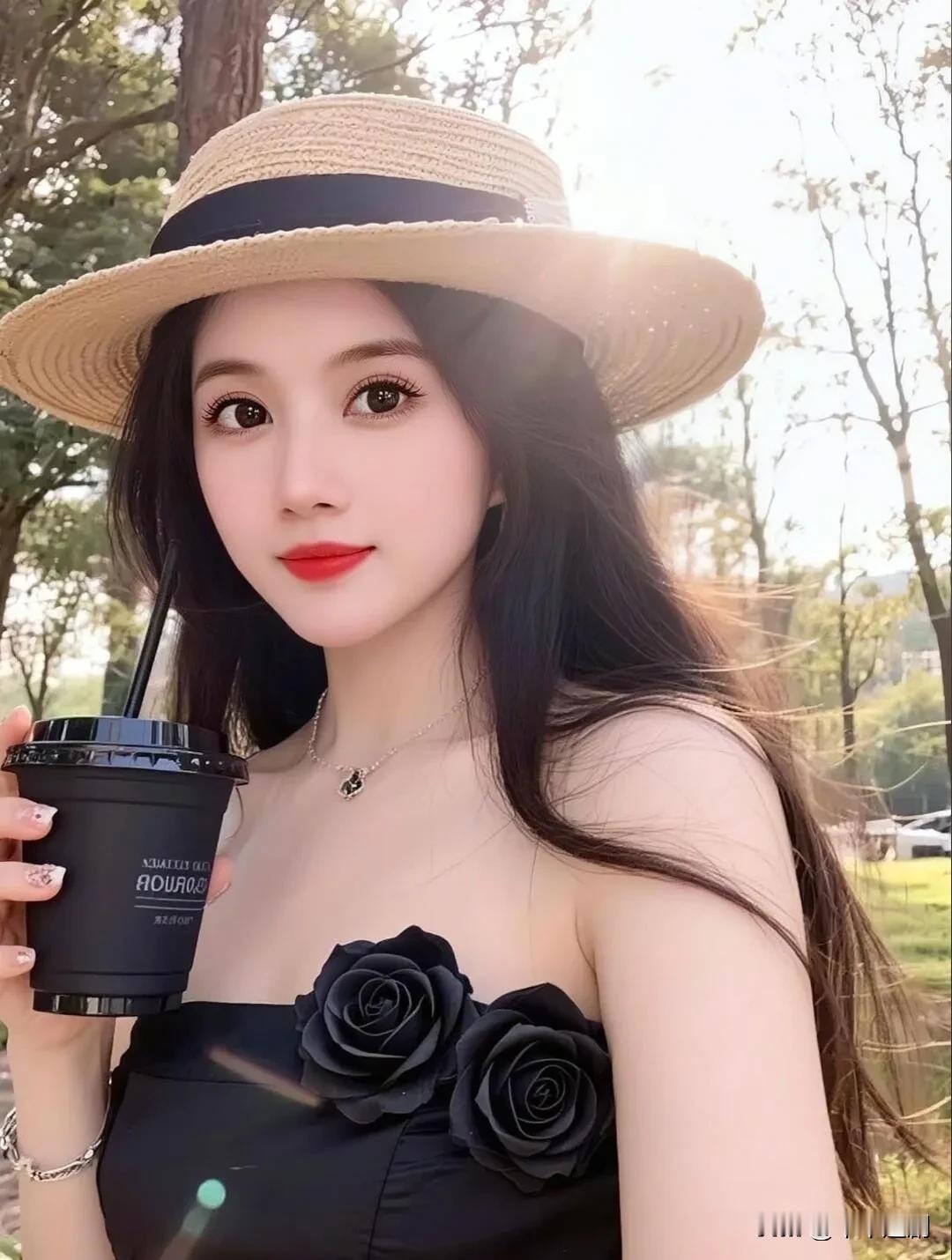 草编帽滤过的光斑里，黑玫瑰缀在抹胸裙肩。红唇碰着冰饮的凉，长发被风揉得散漫——是