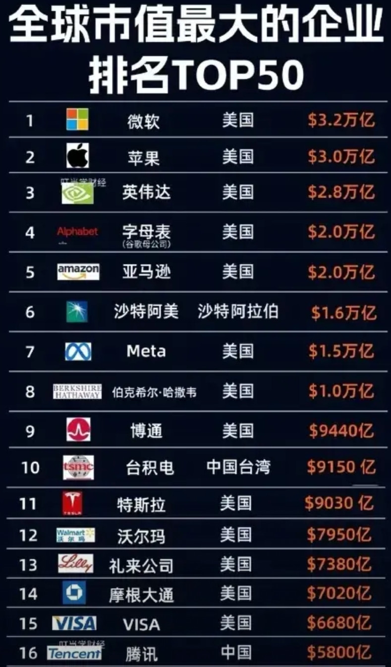 全球市值最大的企业排名TOP50！2025年5月5日，加拿大的研究机构Visua