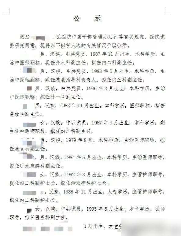 某三级中医医院公示了一份中层干部任命名单，没想到却在网络上引起了轩然大波，因为医