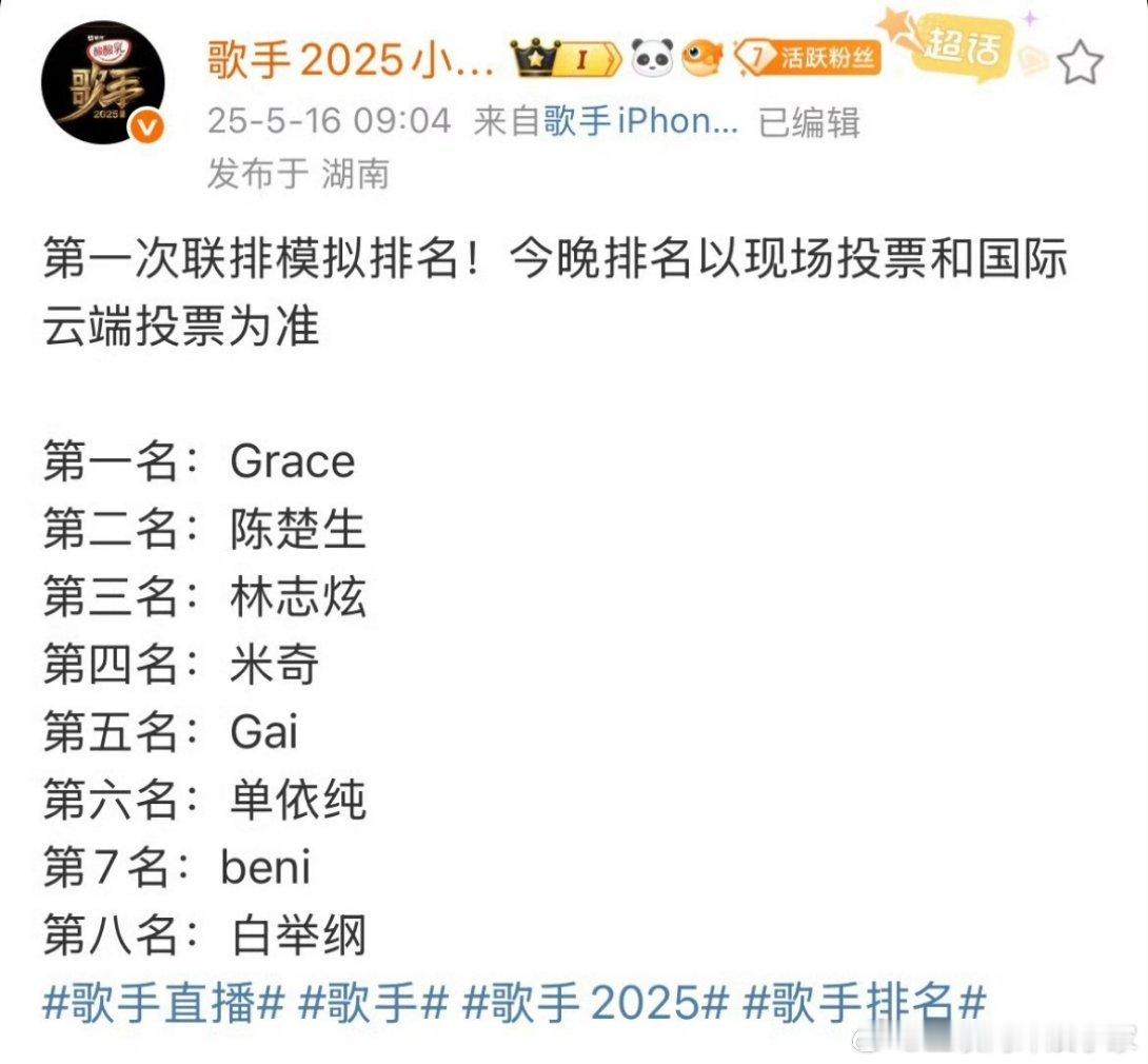 歌手2025第一次联排模拟排名🈶第一名：Grace第二名：陈楚生第三名：林志