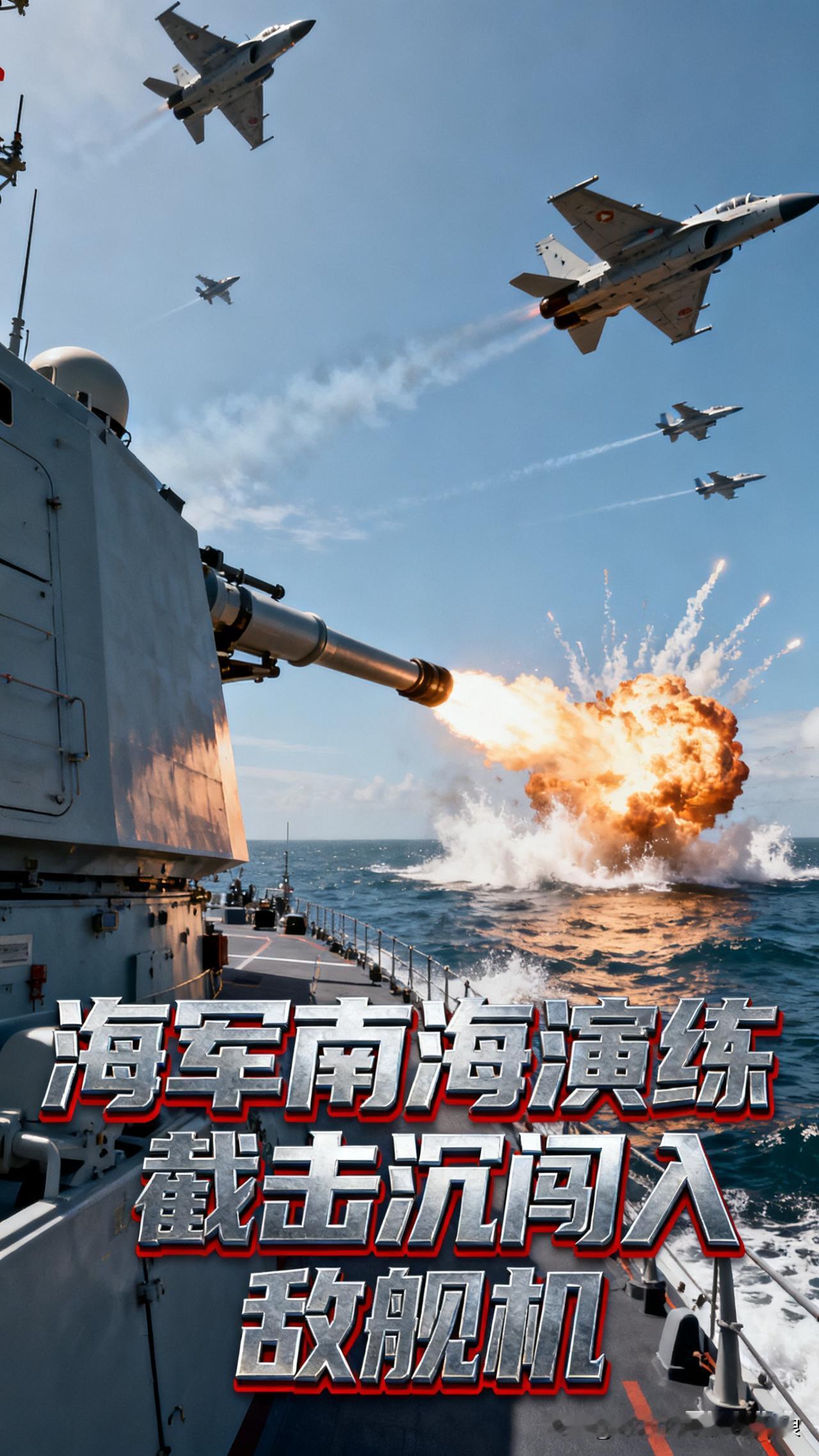 南海演练太提气！敢闯就敢打，敌舰机直接击沉南海这片海，咱们的军舰可不是摆着