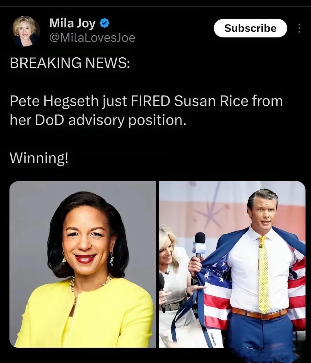 美国防部长赫格塞斯开除著名反俄派政客苏珊赖斯！​苏珊赖斯是著名反俄派，现任五