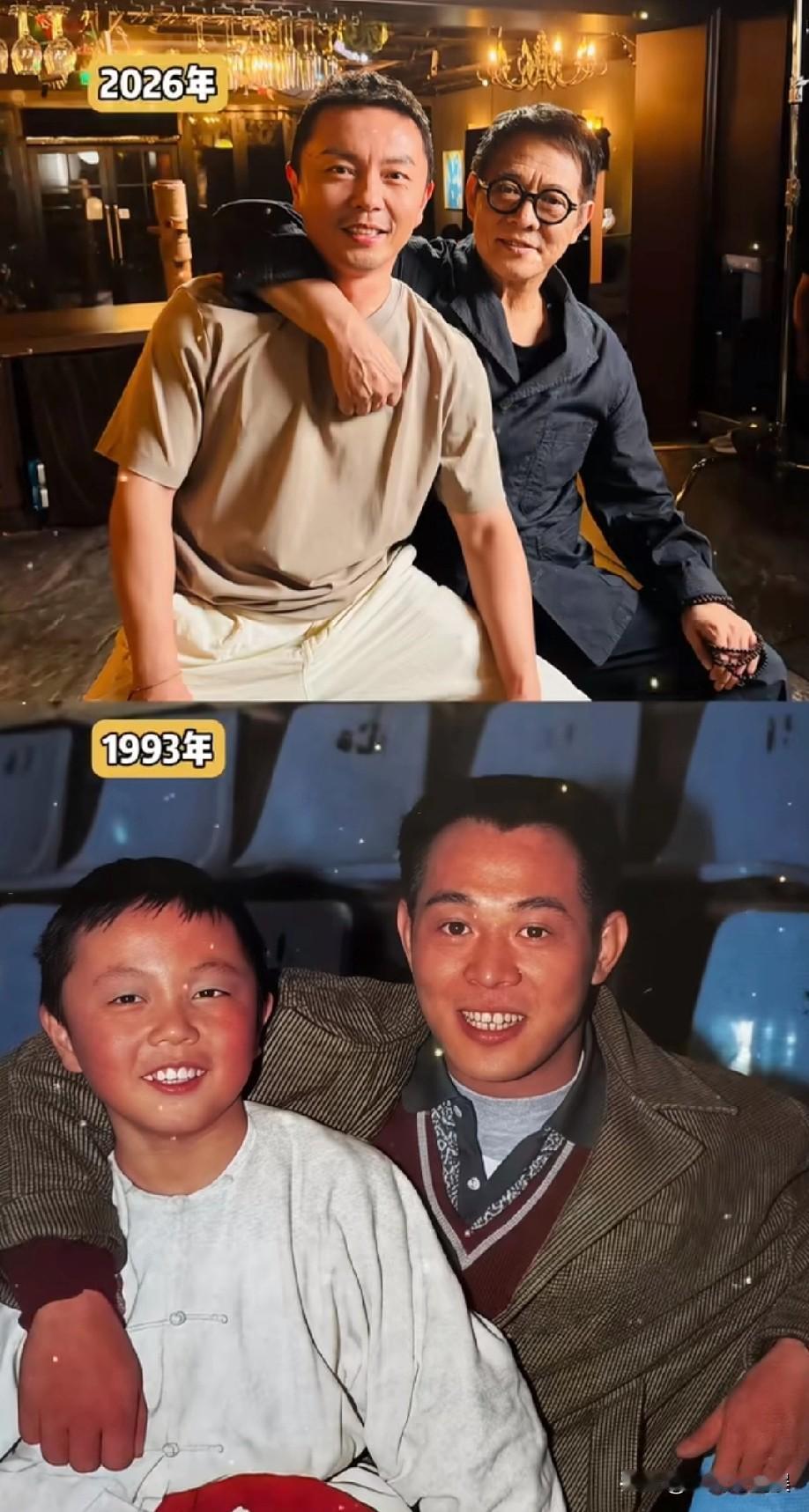 6月17日，李连杰发和谢苗33年前对比照，并配文:一眨眼，儿子就长大了！引发热议