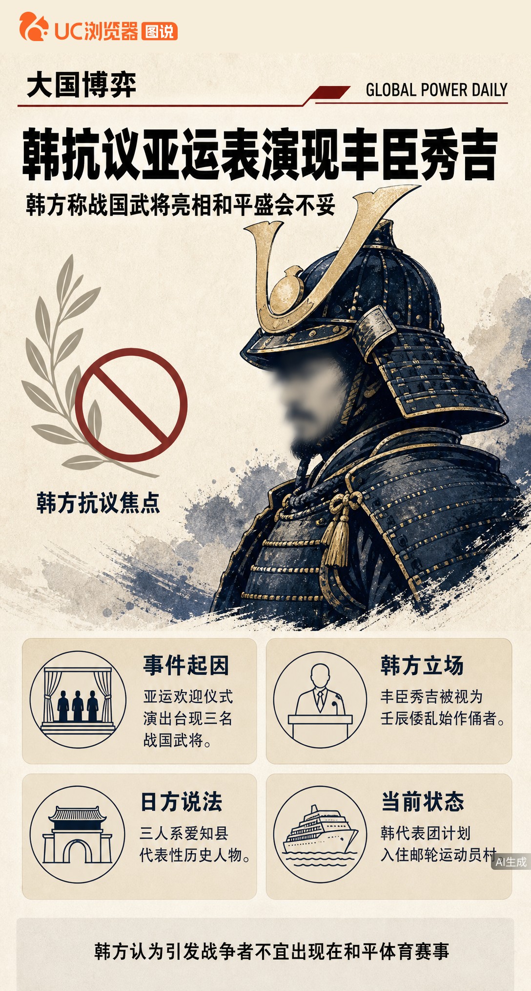 爱知亚运会欢迎仪式演了丰臣秀吉，韩国代表团当场抗议。主办方说这是当地文化代表，韩方却认为让壬辰倭乱始