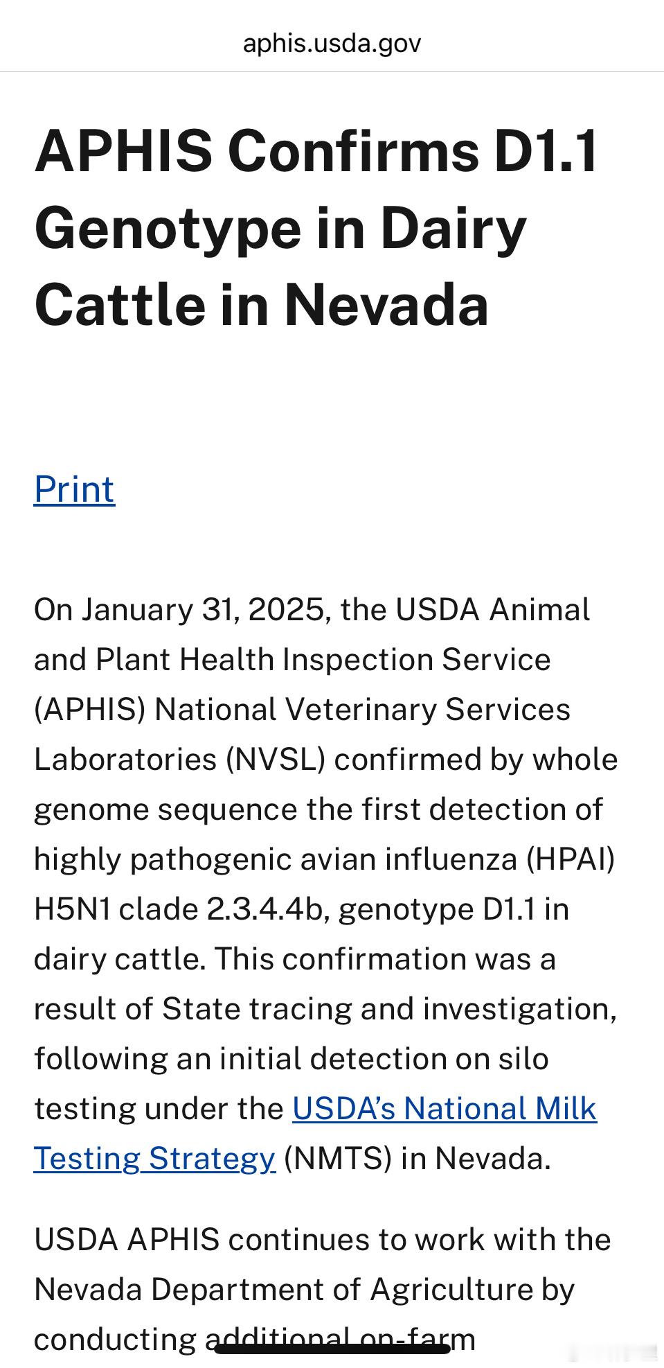 美国农业部，确认在奶牛中检测到禽流感H5N1第二种基因型D1.1。D1.1是