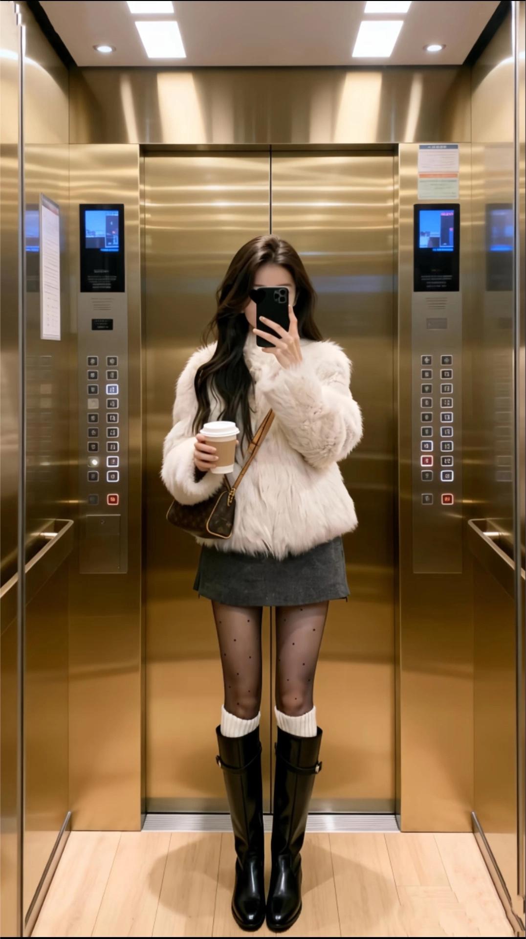 皮草➕黑丝➕长靴，就是yyds！！||| 白色毛绒外套：视觉上特别软糯，看着就