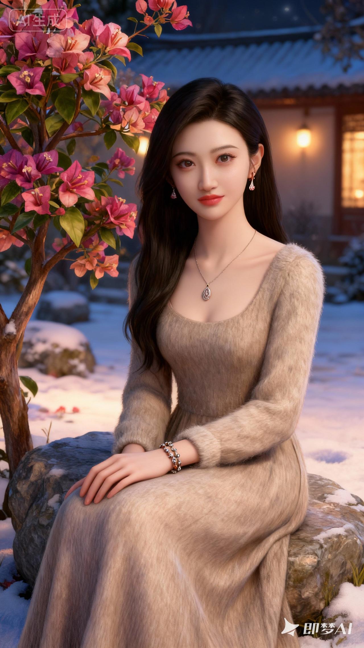 冬日暖阳下，优雅的少女与盛开的樱花树相映成趣。