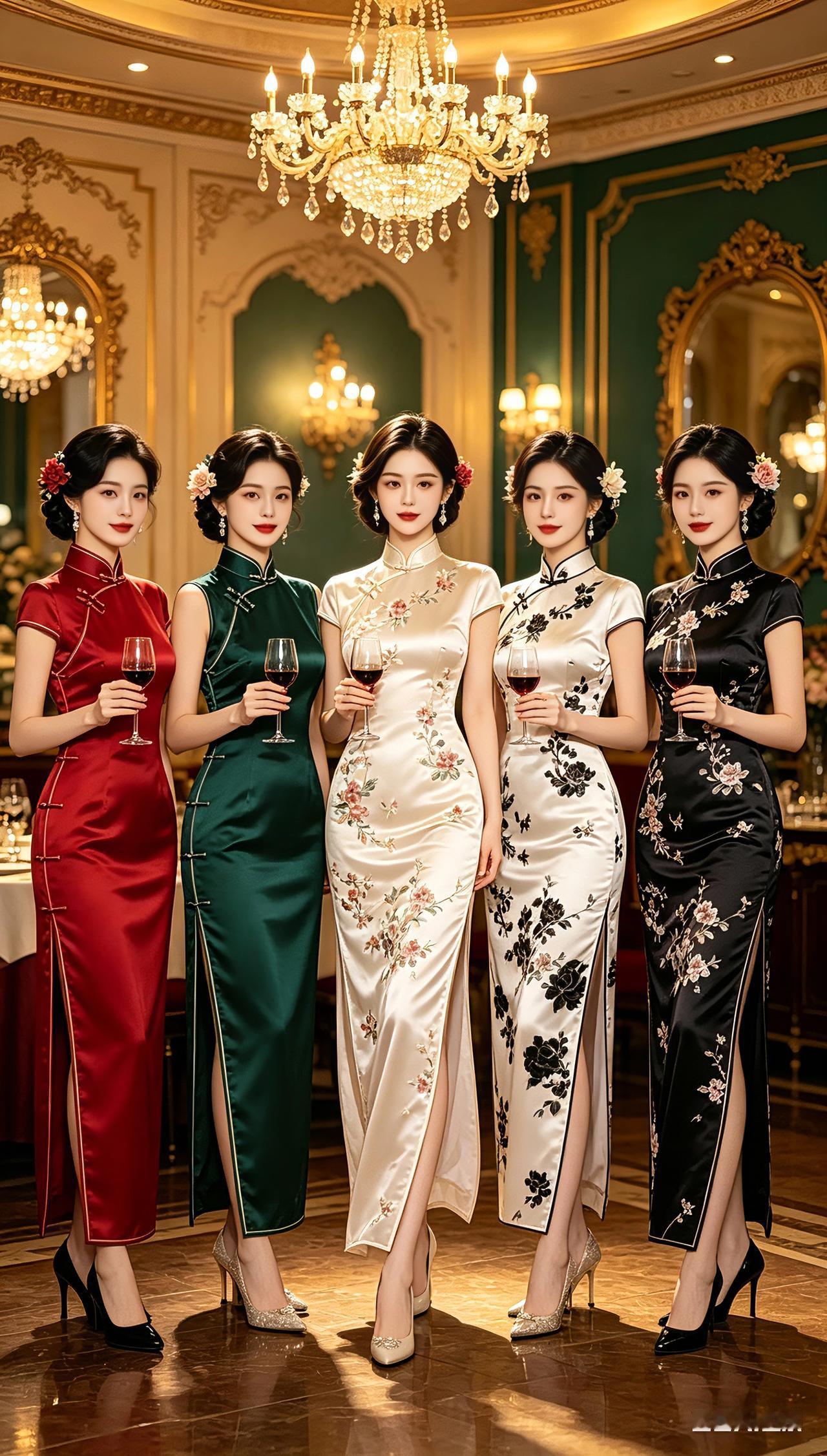 五位身着旗袍的美人并肩而立，温婉动人。七言绝句五彩旗袍耀华堂，佳人持盏气轩
