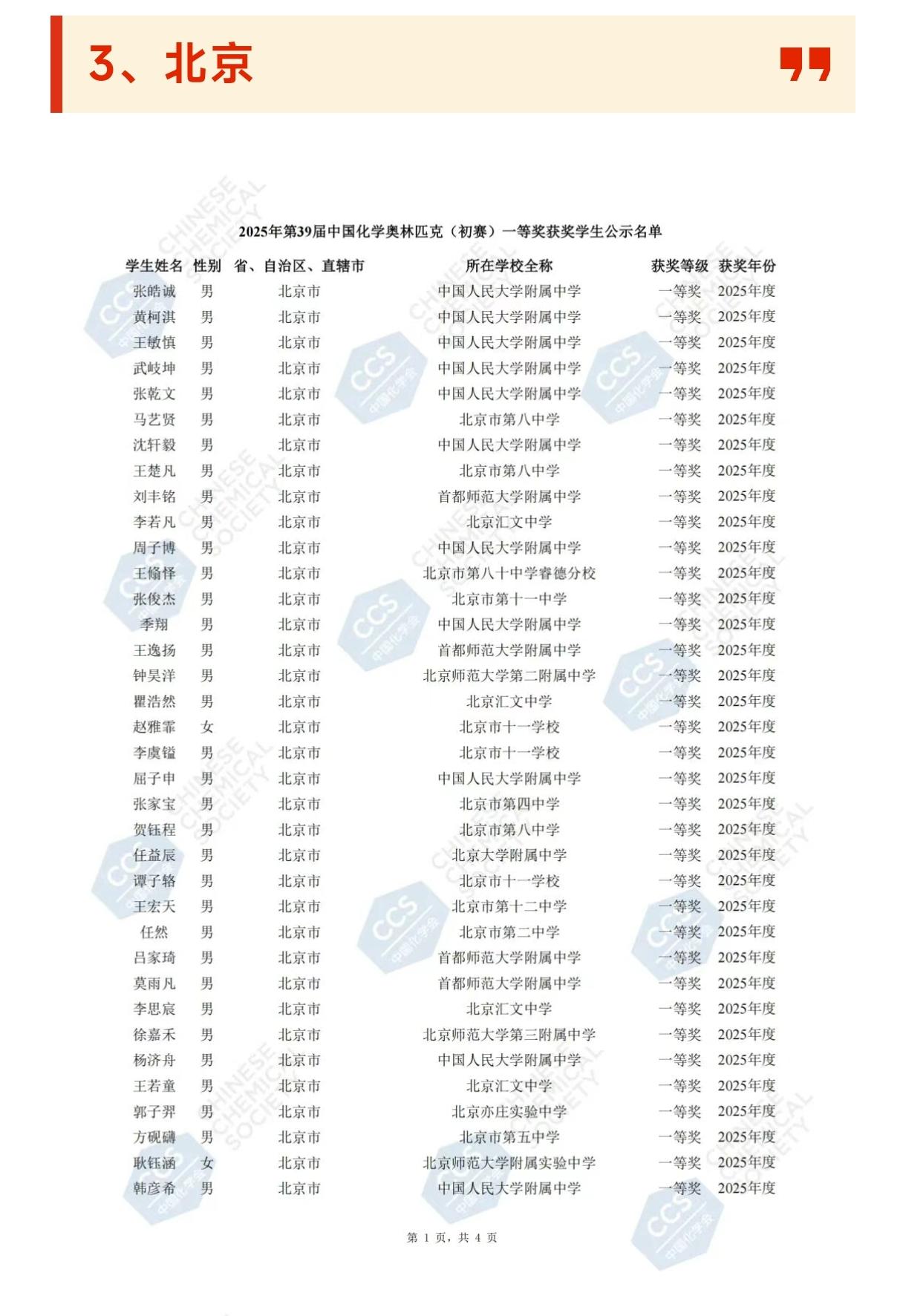 人大附十一领衔，郊区名校开始崛起？2025年第39届中国化学奥林匹克竞赛初赛省一