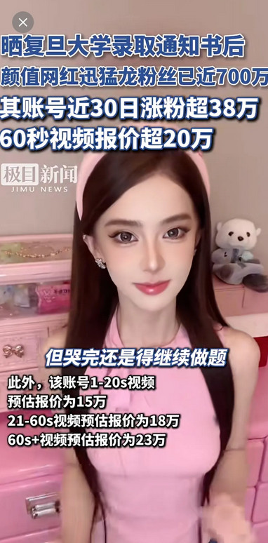 网红的尽头是学历。抖音大主播迅猛龙晒出自己的复旦大学的研究生录取通知书，引起