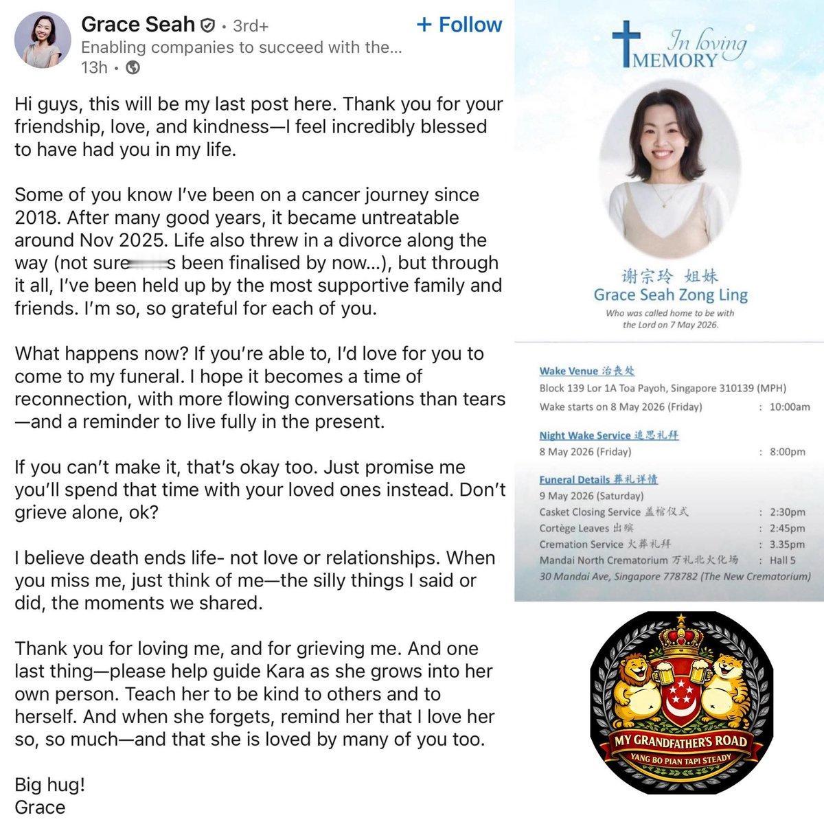 一则非常令人动容且罕见的“生前告别”。　　她叫GraceSeah(谢宗玲)