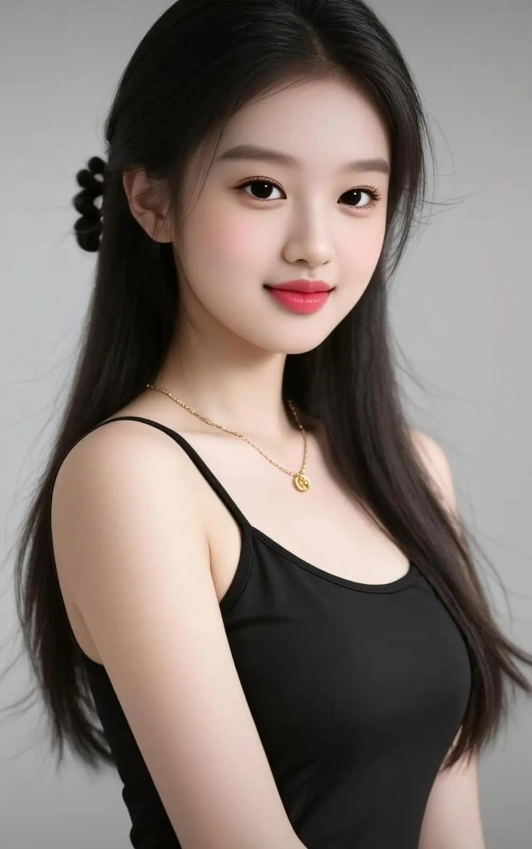 甜美少女，黑发红唇，简约优雅，气质出众。