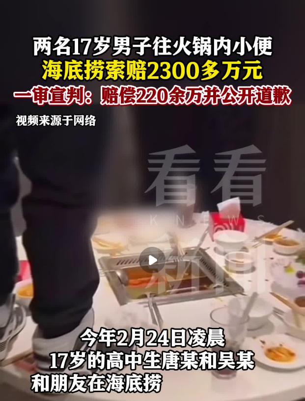 万万没想到，一泡尿220万！2月24日2未成年人在海底捞包间内用完餐，先后向火