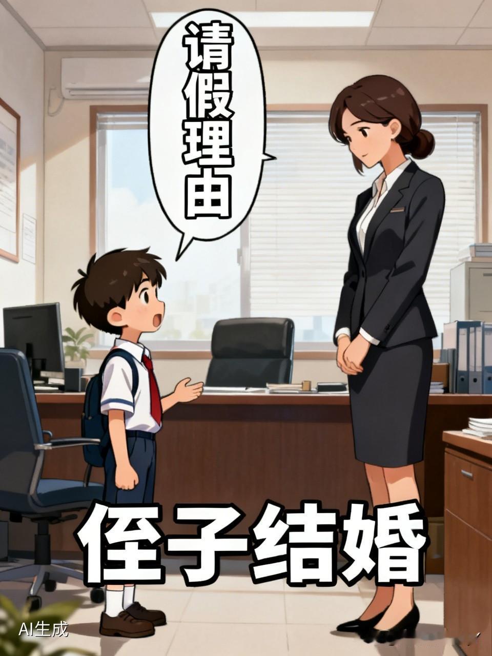 学校里，一个小男孩走进女班主任的办公室，说道：“老师，我要请假。”女老师满脸疑