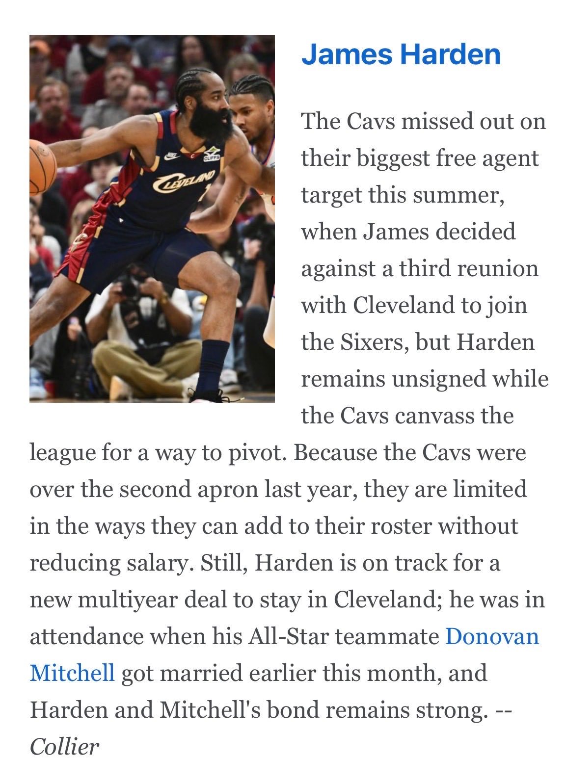 ESPN：哈登目前仍按计划将与骑士签下一份新的多年合同并留在克利夫兰。本月早些时