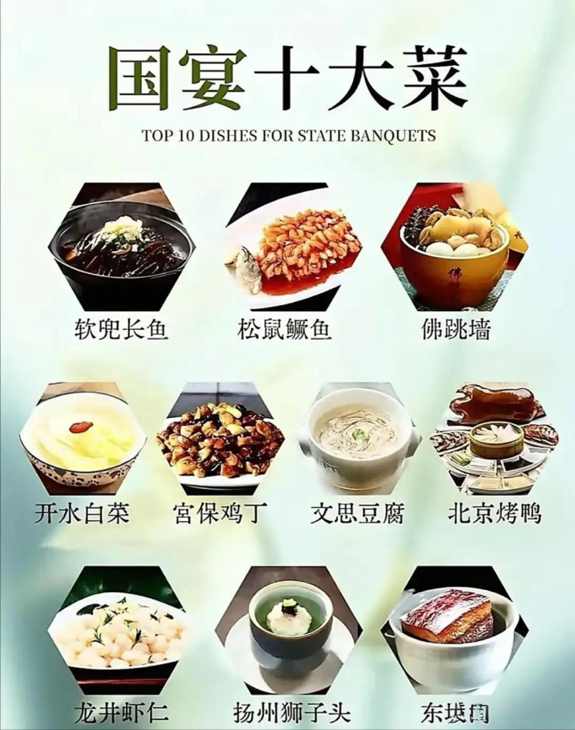 国宴十大菜里的宫保鸡丁，开水白菜，北京烤鸭，东坡肉经常吃，其它6样从来没有吃过，