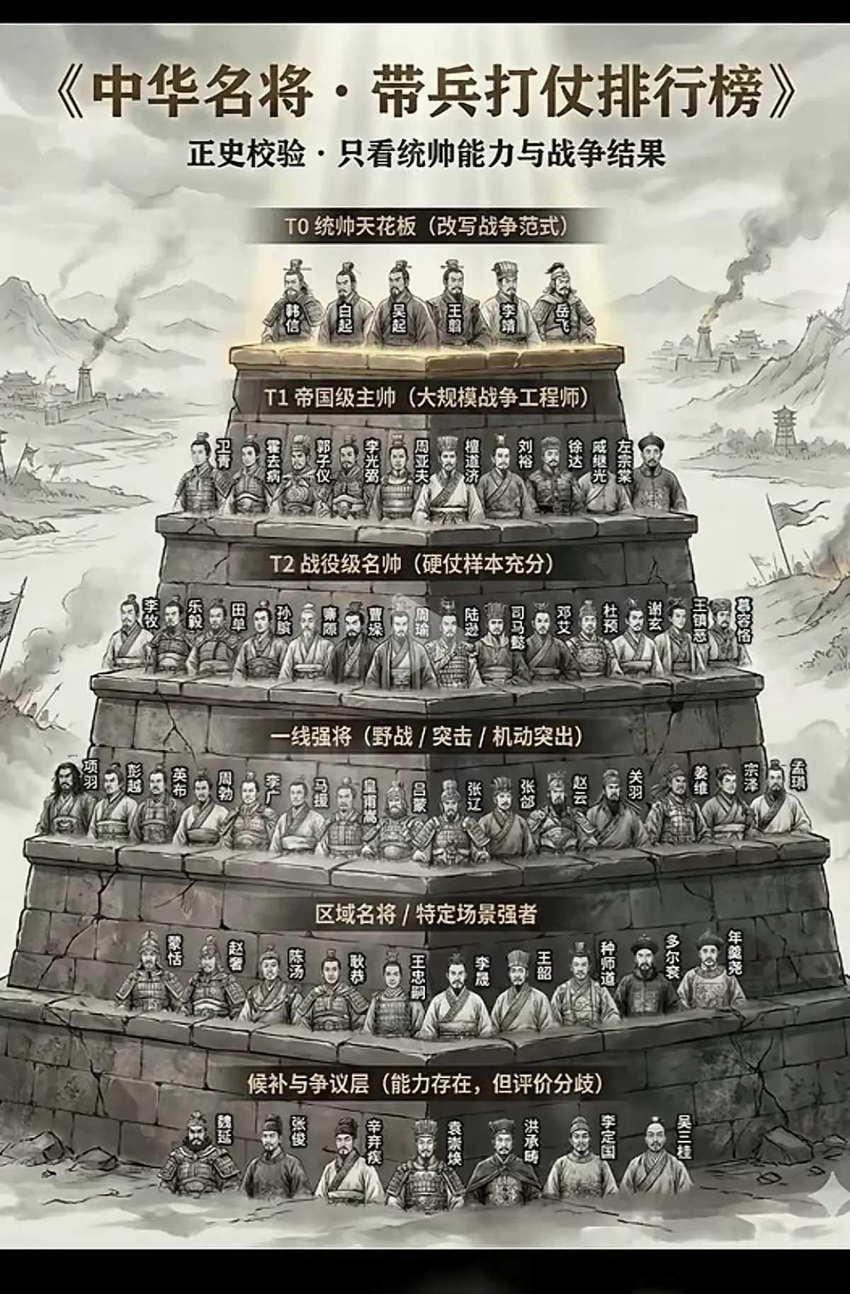 网友弄的中华名将带兵打仗排行榜。你认可吗？