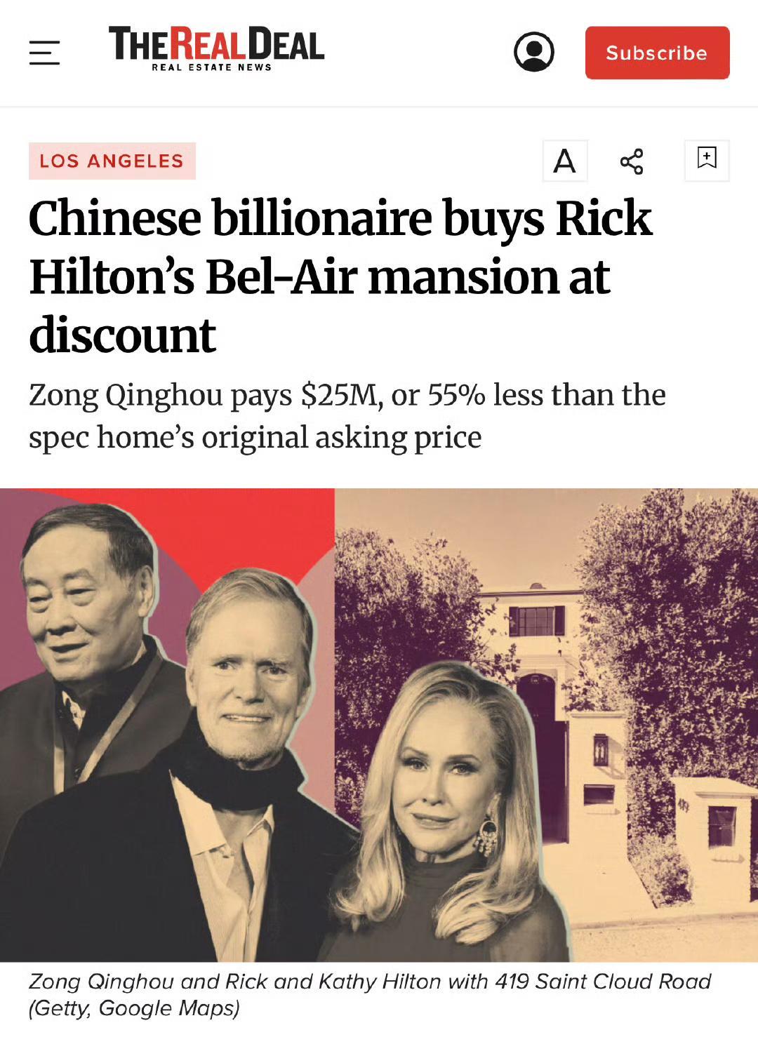 宗庆后2024年用2500万美元在美国洛杉矶买了一个豪宅，现在豪宅的价格降为17