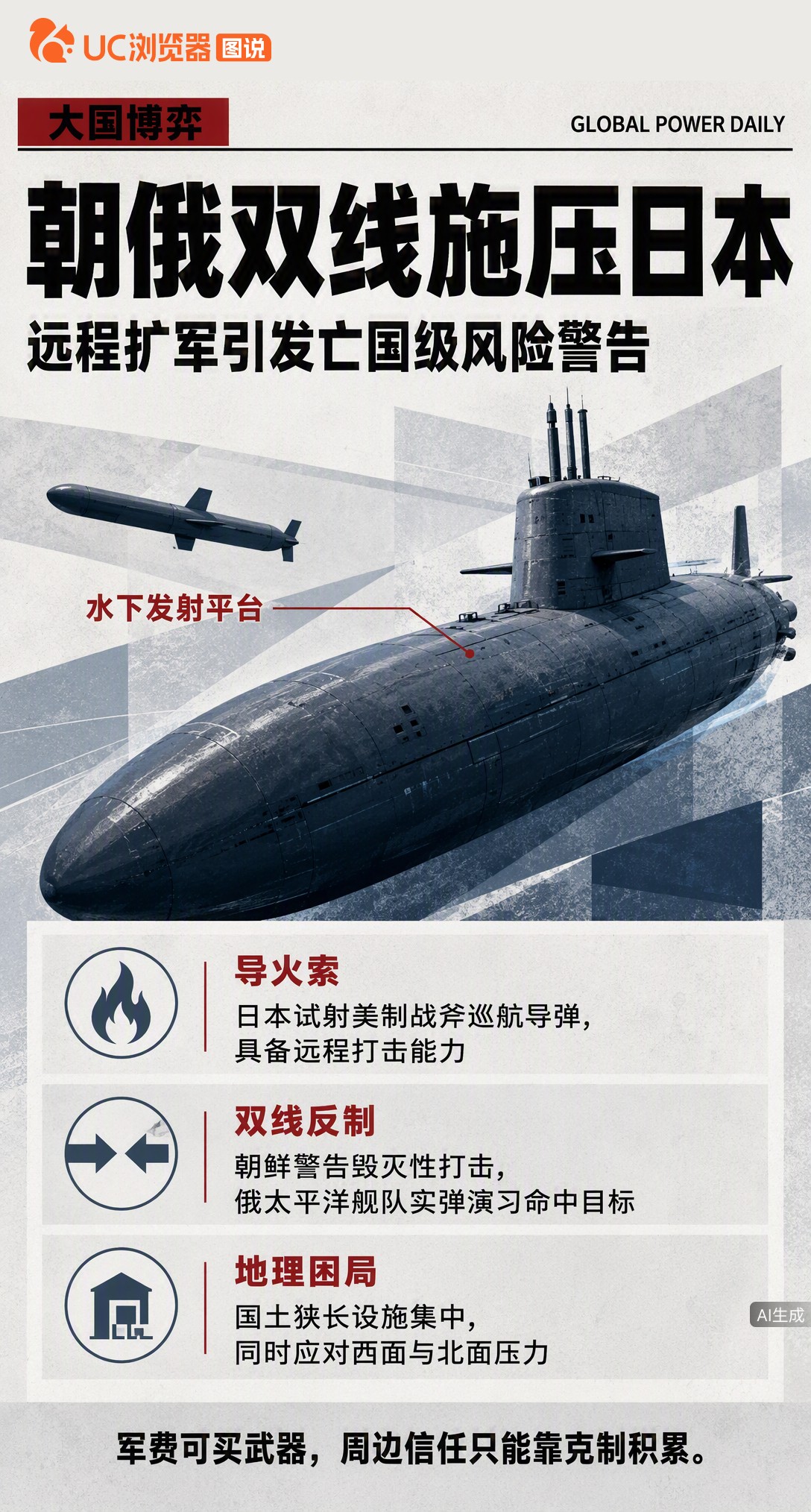 朝鲜发警告、俄导弹入海，双线压力直指日本。只因东京试射战斧、军费冲10万亿，从盾变刀。但国土狭长难分
