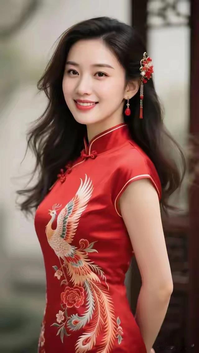 旗袍雅致衬娇容，红底凤凰显风情。青丝如瀑随风舞。恰似春风拂柳轻。中国旗袍