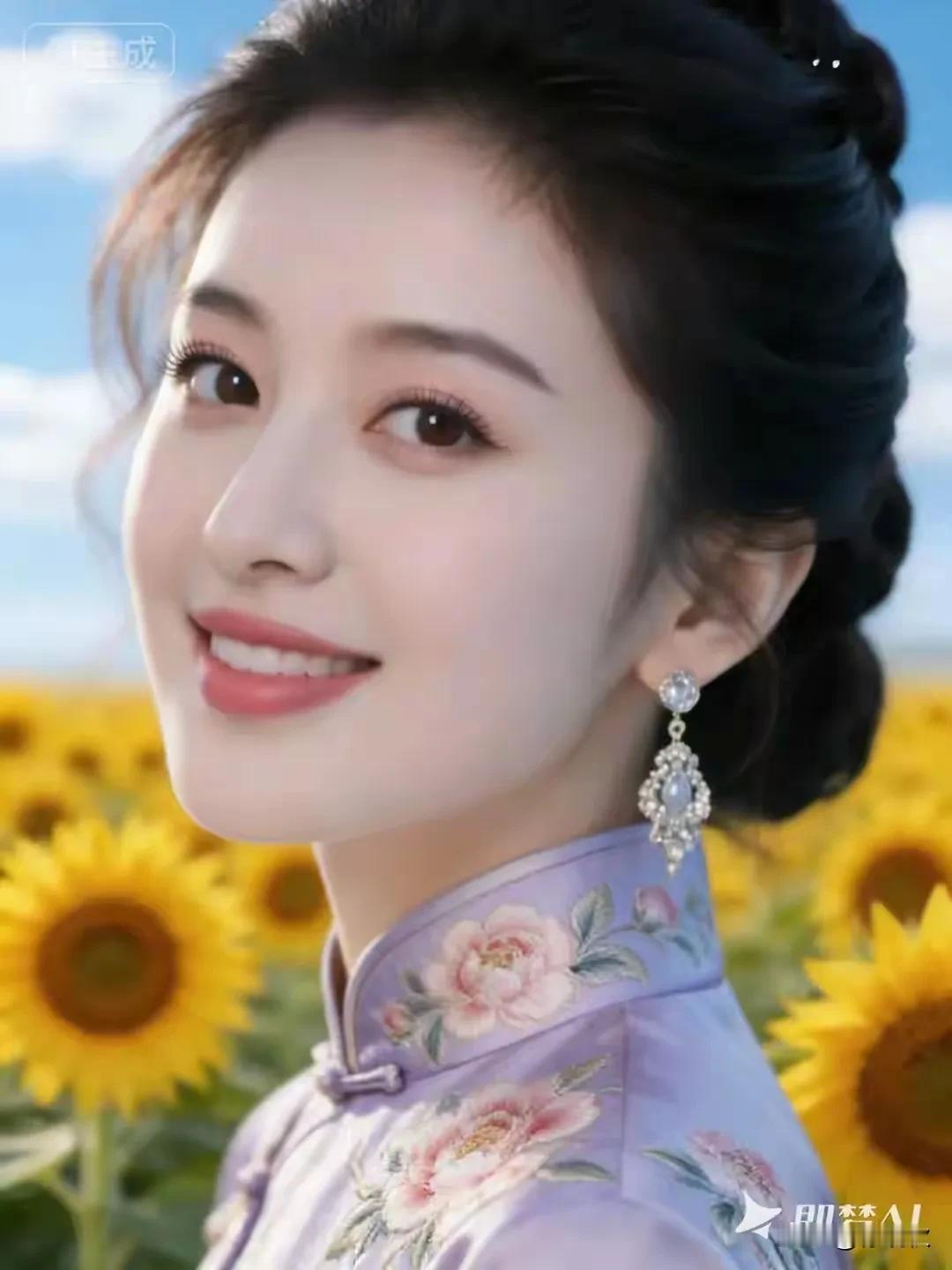 旗袍的柔雅向日葵热烈她容颜清丽，灵动又委婉。笑靥如花绽芳华，眼眸若星映