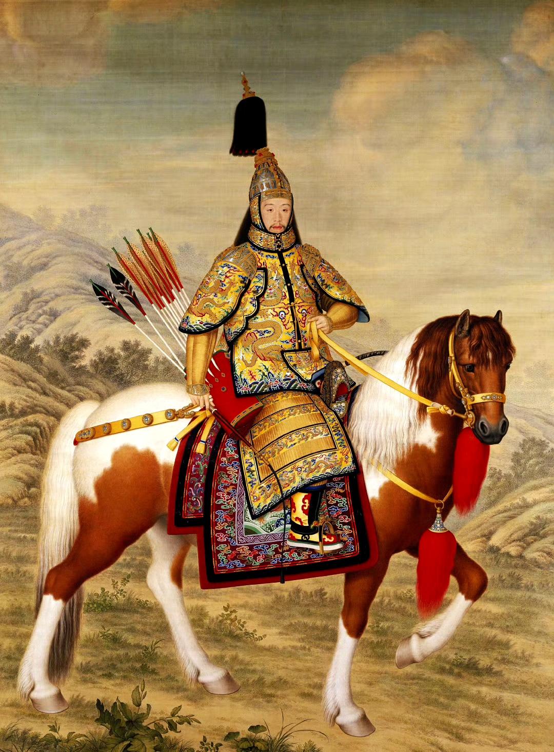 《乾隆皇帝大阅图》，清代，郎世宁，绢本设色画，纵322.5厘米，横232厘米，此