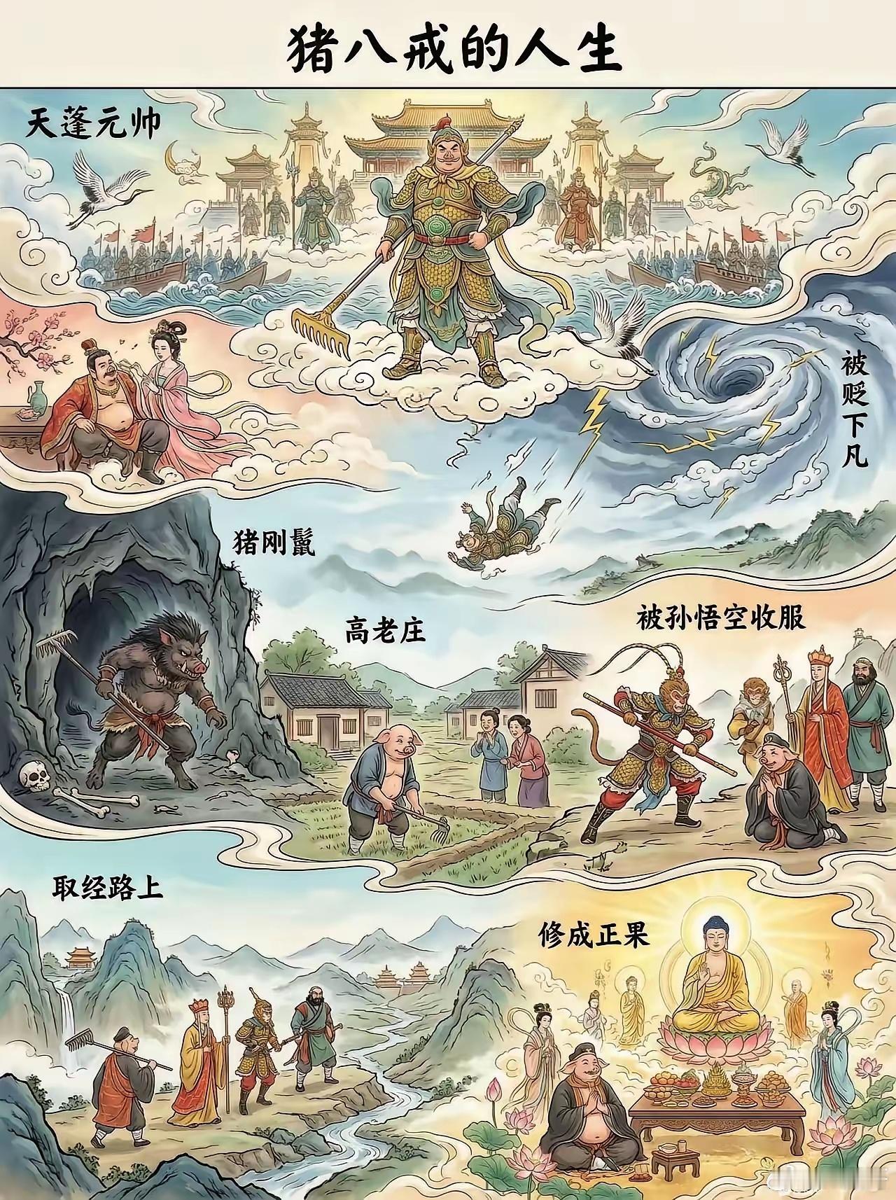 猪八戒从实权在握的高级武将（天蓬元帅），变成无实权，只吃俸禄的中层干部（净坛使者