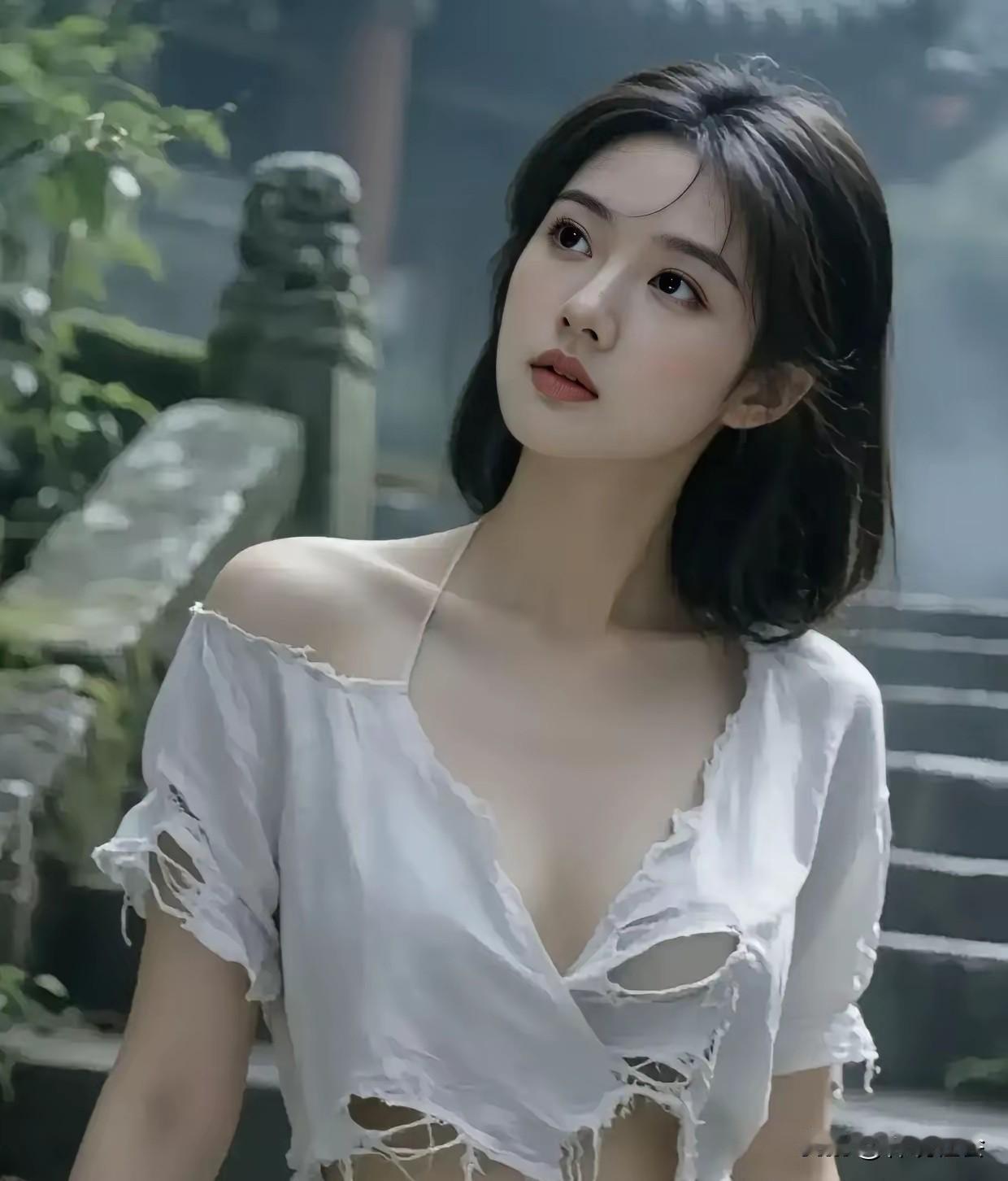 女孩穿上这件上衣敢上街吗？她穿一件烂衣服是因为家里却钱呢？还是目前网络流行这样的