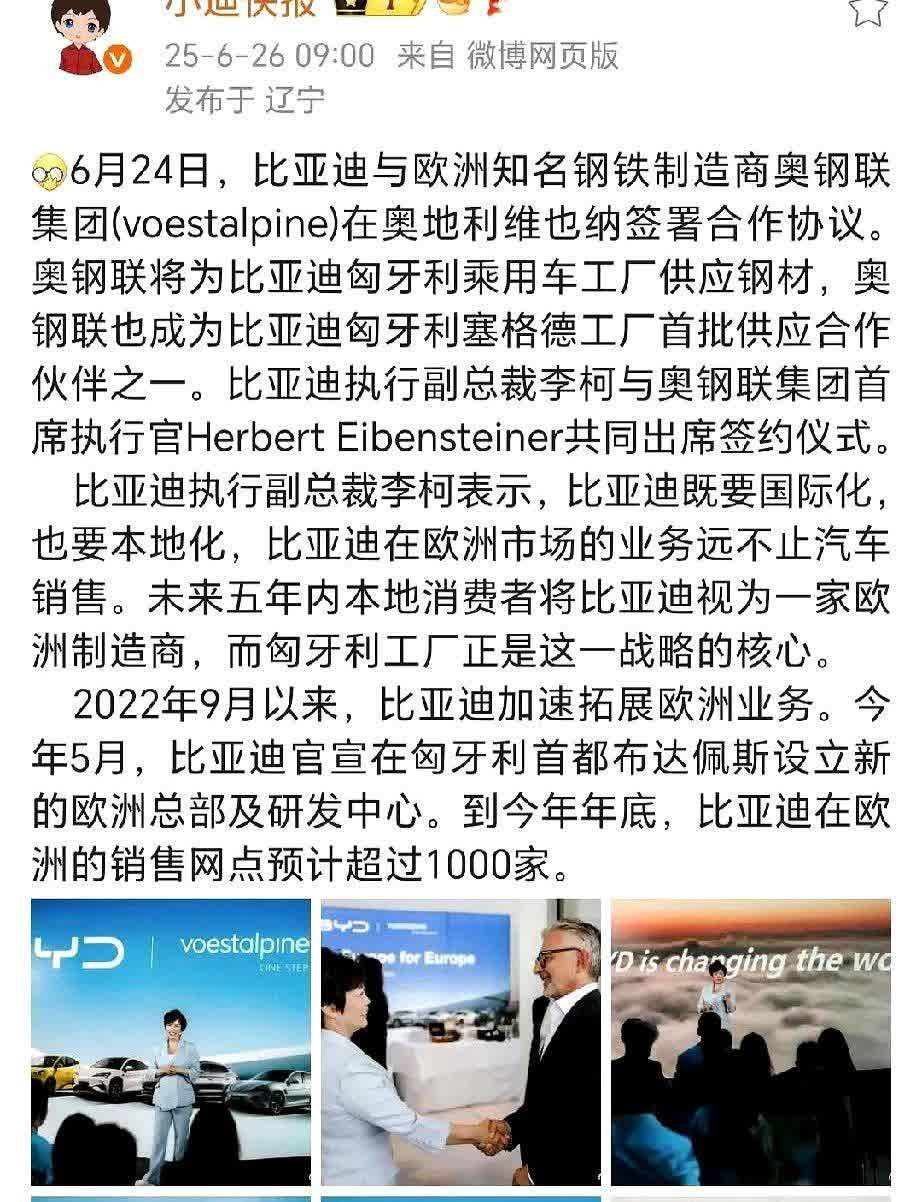 昨天李柯和奥地利钢铁制造商签约仪式上的这张图很有意思。这是欧洲比亚迪所有