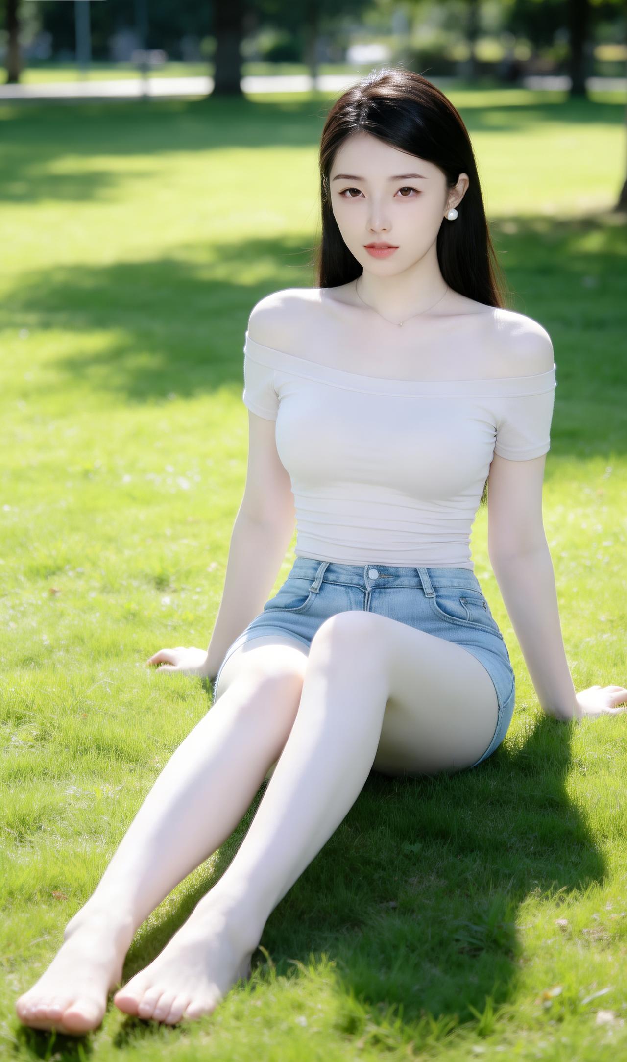 绿草如茵映碧空，美人如画坐芳丛。