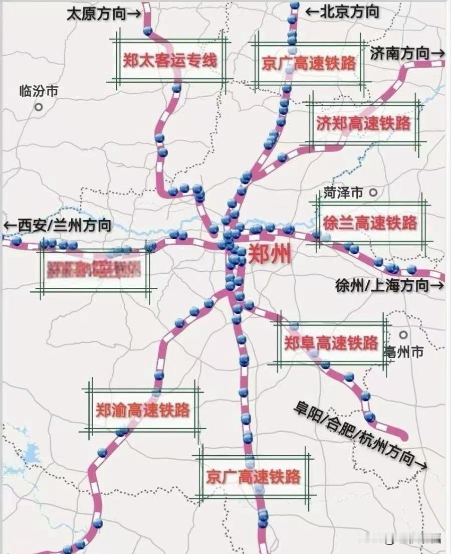郑州是我国首座建成"米字形"高铁枢纽的城市。以郑州为中心，高铁线路呈米字型向八个