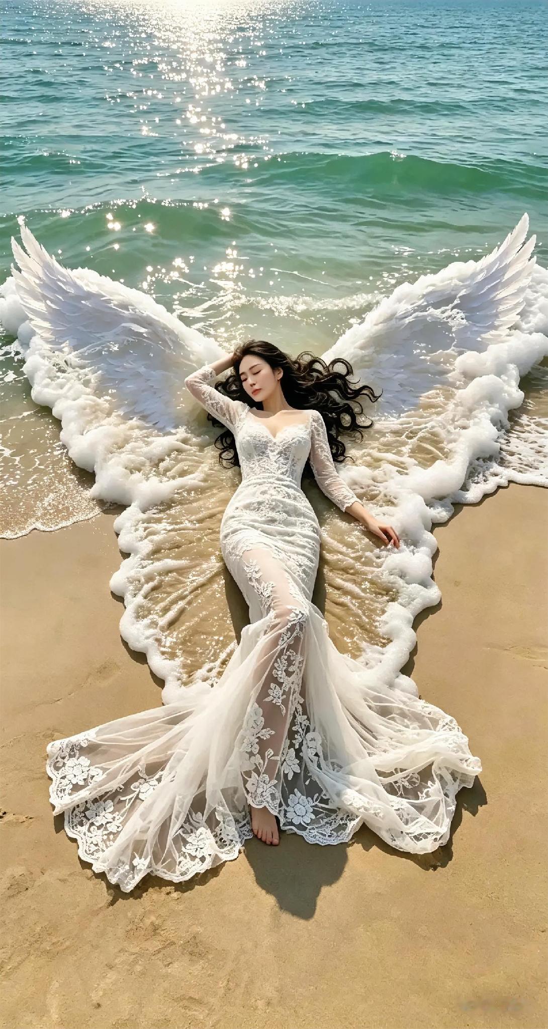 婚纱和大海的浪花相映成趣，这是婚纱还是浪花组成的形状呢？说说呗！AI梦幻婚纱