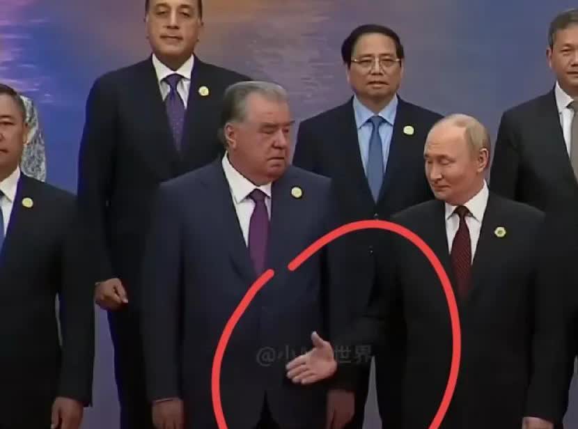 上合会议合影，社牛的普京！塔吉克斯坦总统拉赫蒙，站在普京右手边，视若