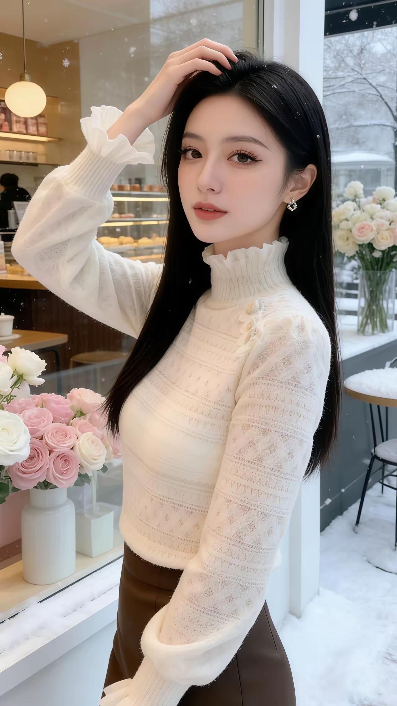 冬日暖阳下，优雅毛衣搭配，咖啡馆里的温柔时光。
