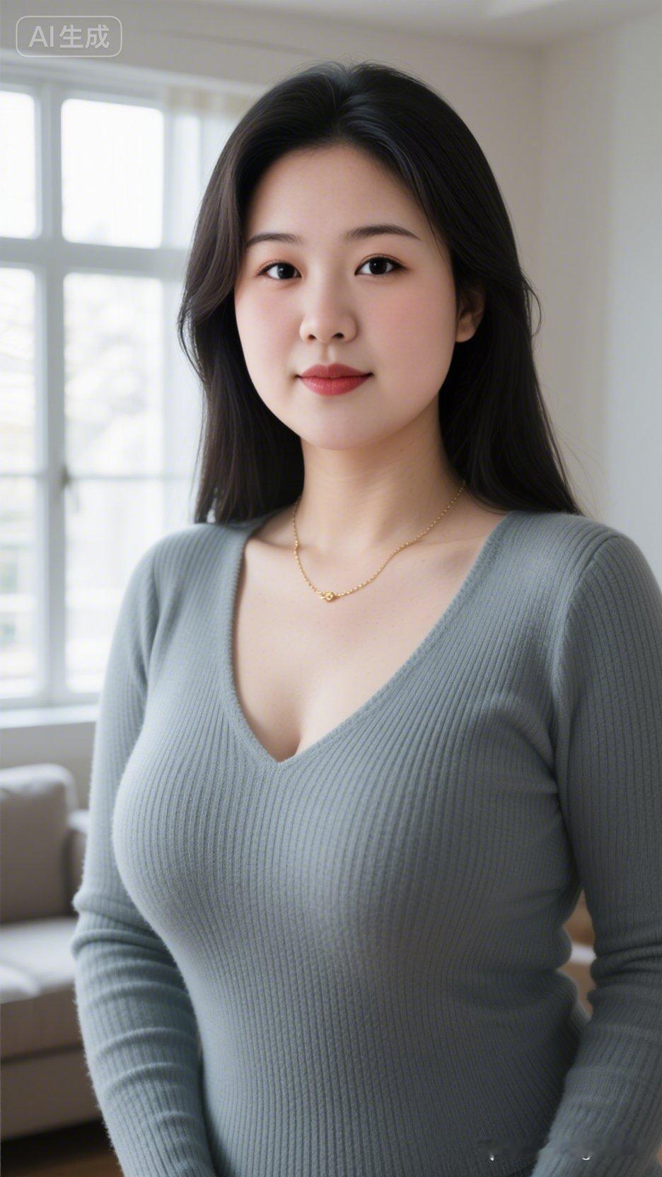 温柔优雅的气质，浅灰色针织衫搭配金色项链，尽显女性魅力。