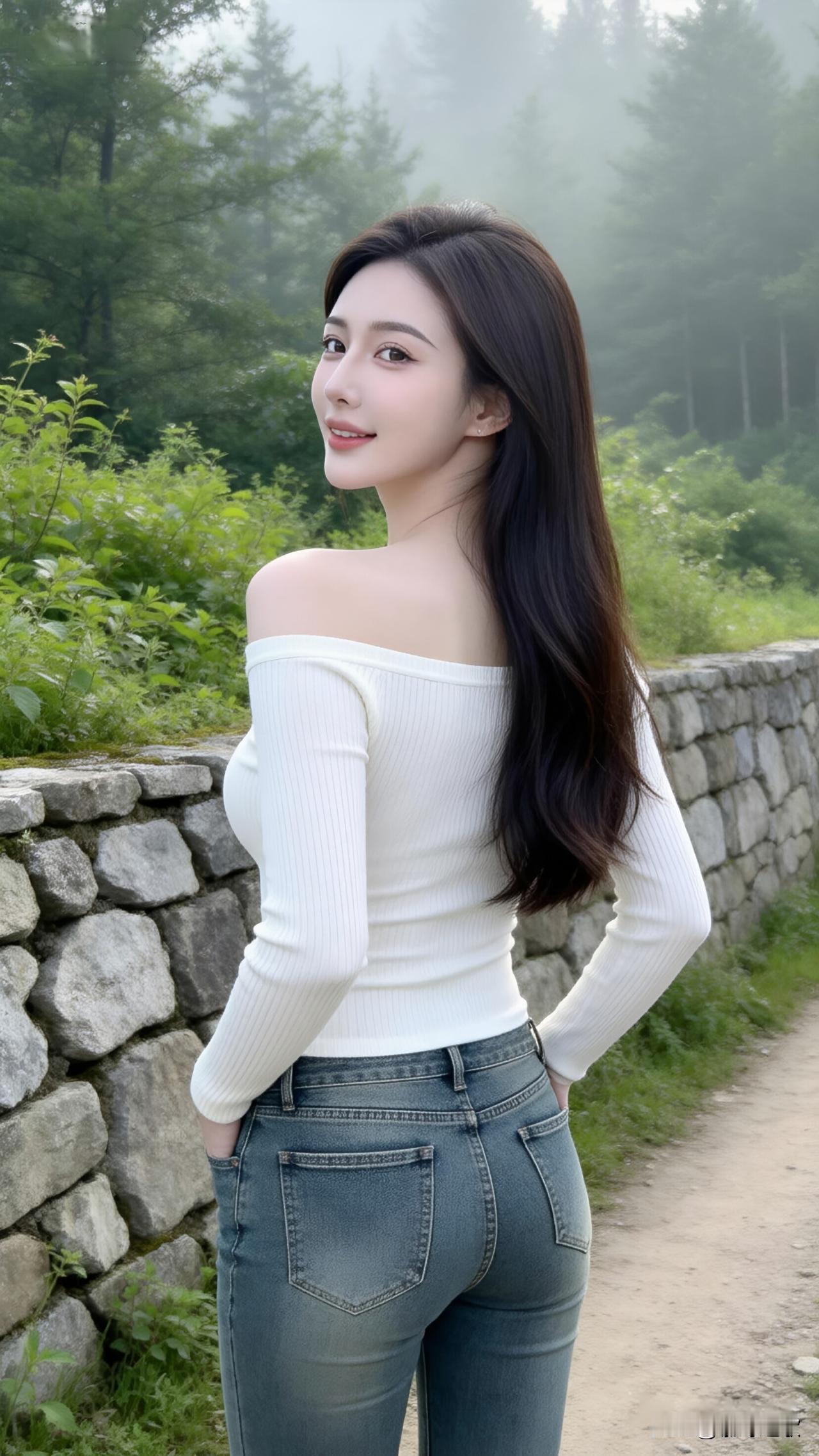 白色露肩衫裹着肩，牛仔裤贴着腿，手插在裤兜里的瞬间，连风都带着松弛的节奏。站在石