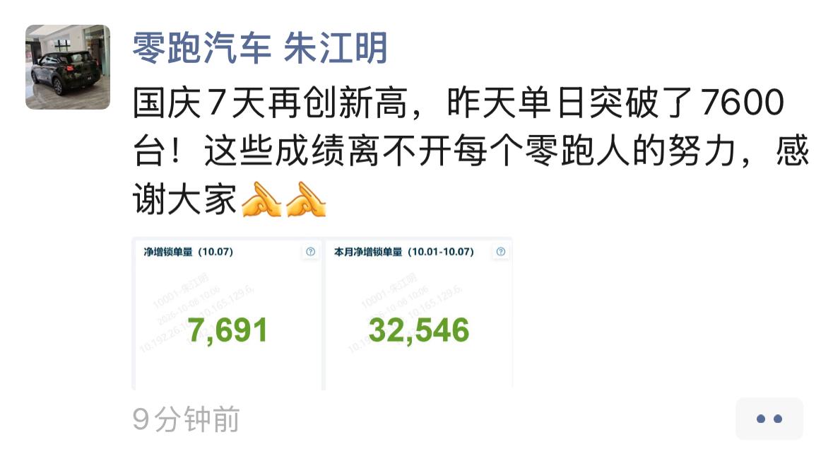 【零跑汽车朱江明发销量战报：零跑单日销量突破7600台】10月8日，零跑汽车朱江